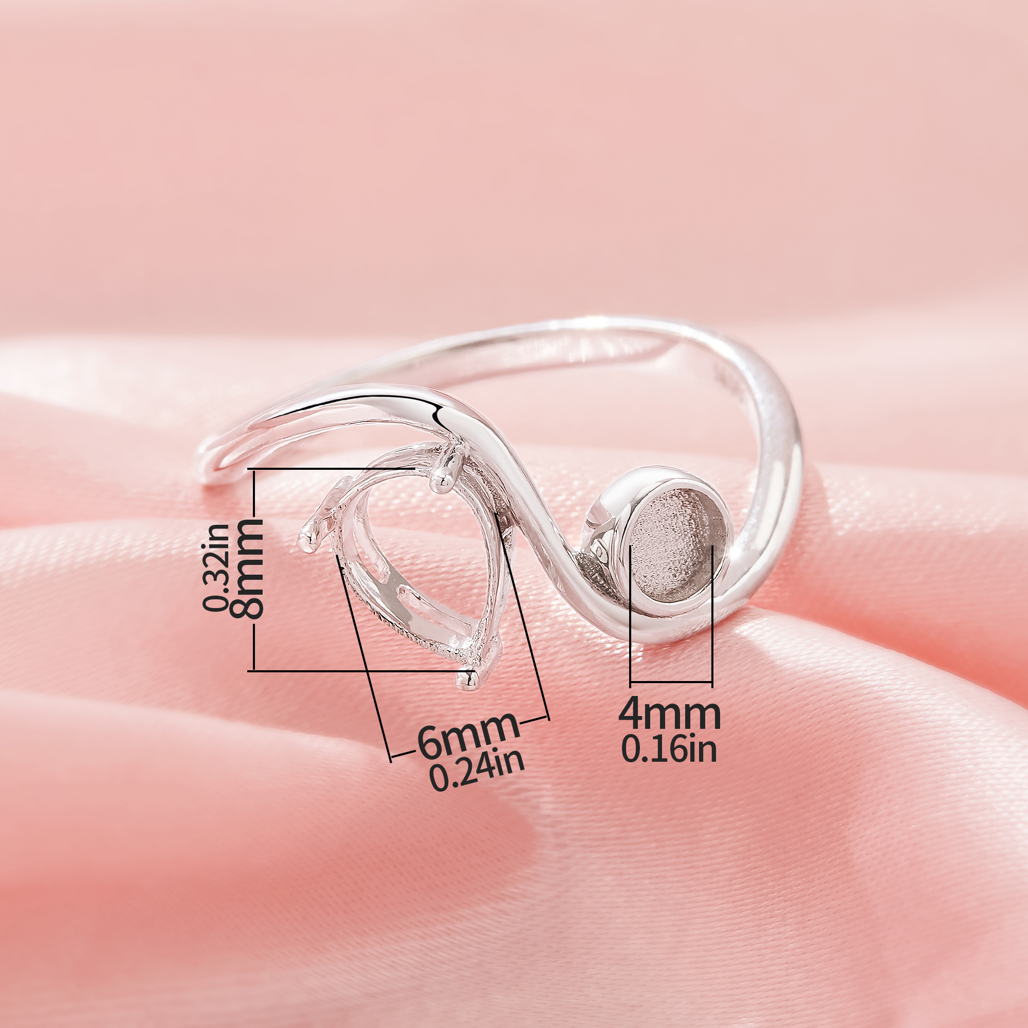 Keepsake Breast Milk Resin 4MM Round Bezel Settings,Solid 925 Silver Ring,2 Stone Prong Ring Settings,With 6x8MM Pear Stone 1294939