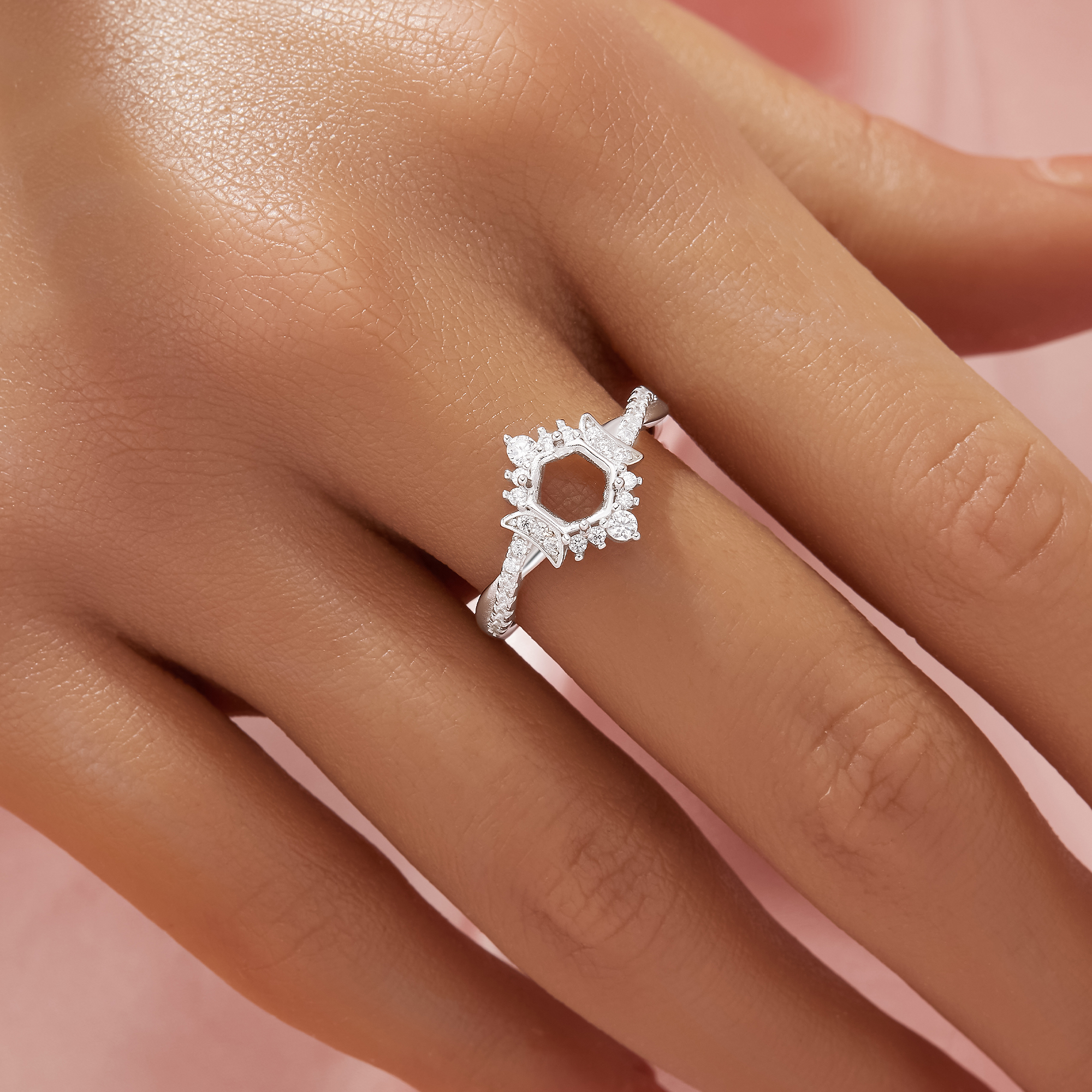 Dainty Hexagon Prong Ring Settings,Full Moon Solid Back 14K 18K Gold Moissanite Ring,Infinity Art Deco Ring,DIY Ring Supplies 1294973 - Click Image to Close