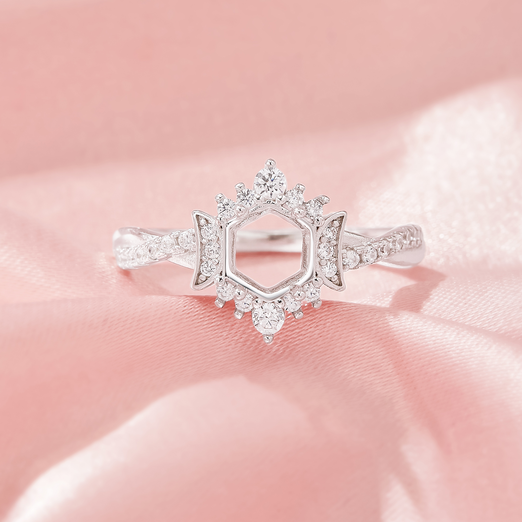 Dainty Hexagon Prong Ring Settings,Full Moon Solid Back 14K 18K Gold Moissanite Ring,Infinity Art Deco Ring,DIY Ring Supplies 1294973 - Click Image to Close