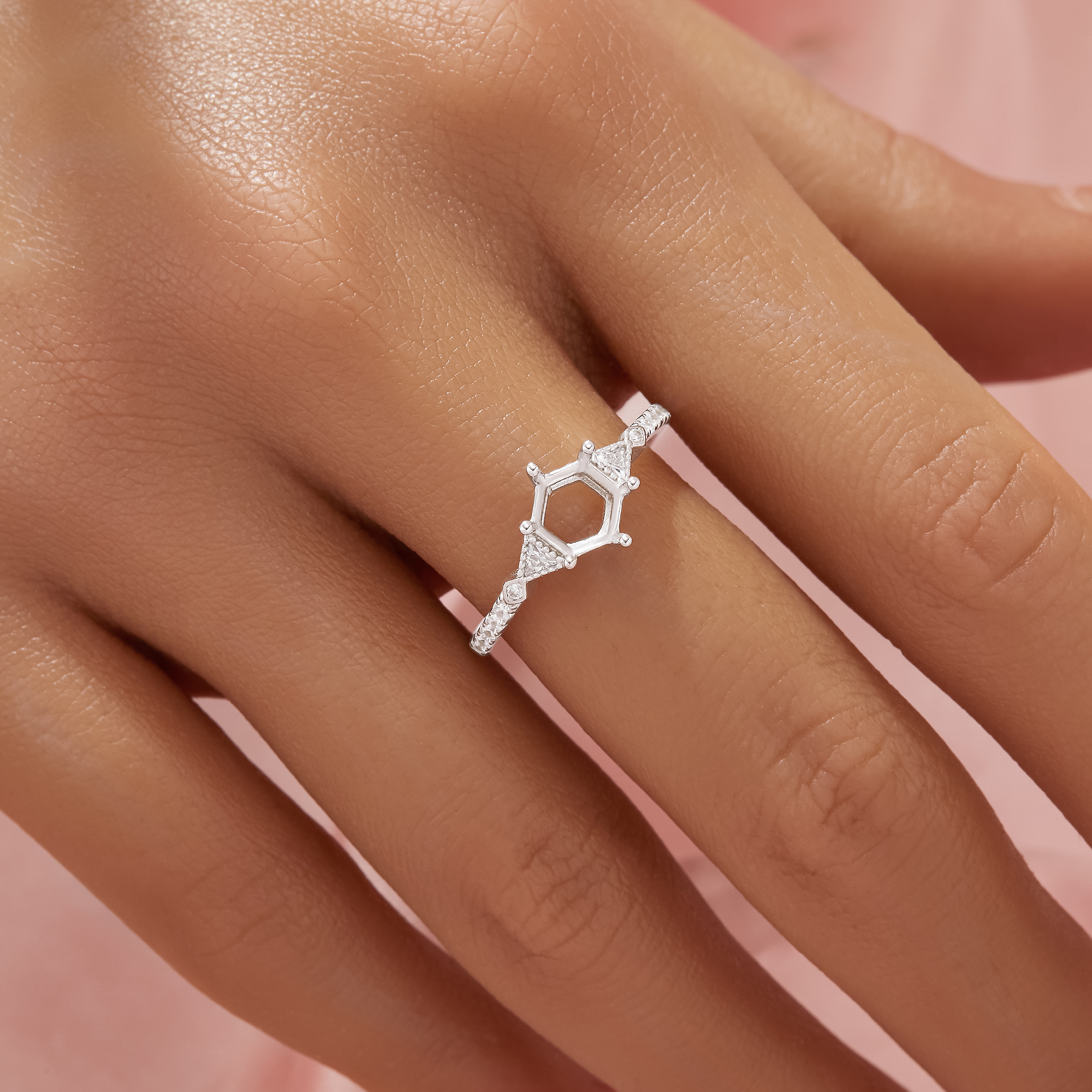 Halo Hexagon Prong Ring Settings,Solid Back 14K 18K Gold Moissanite Ring,Dainty Art Deco Ring,DIY Ring Supplies For Gemstone 1294974 - Click Image to Close