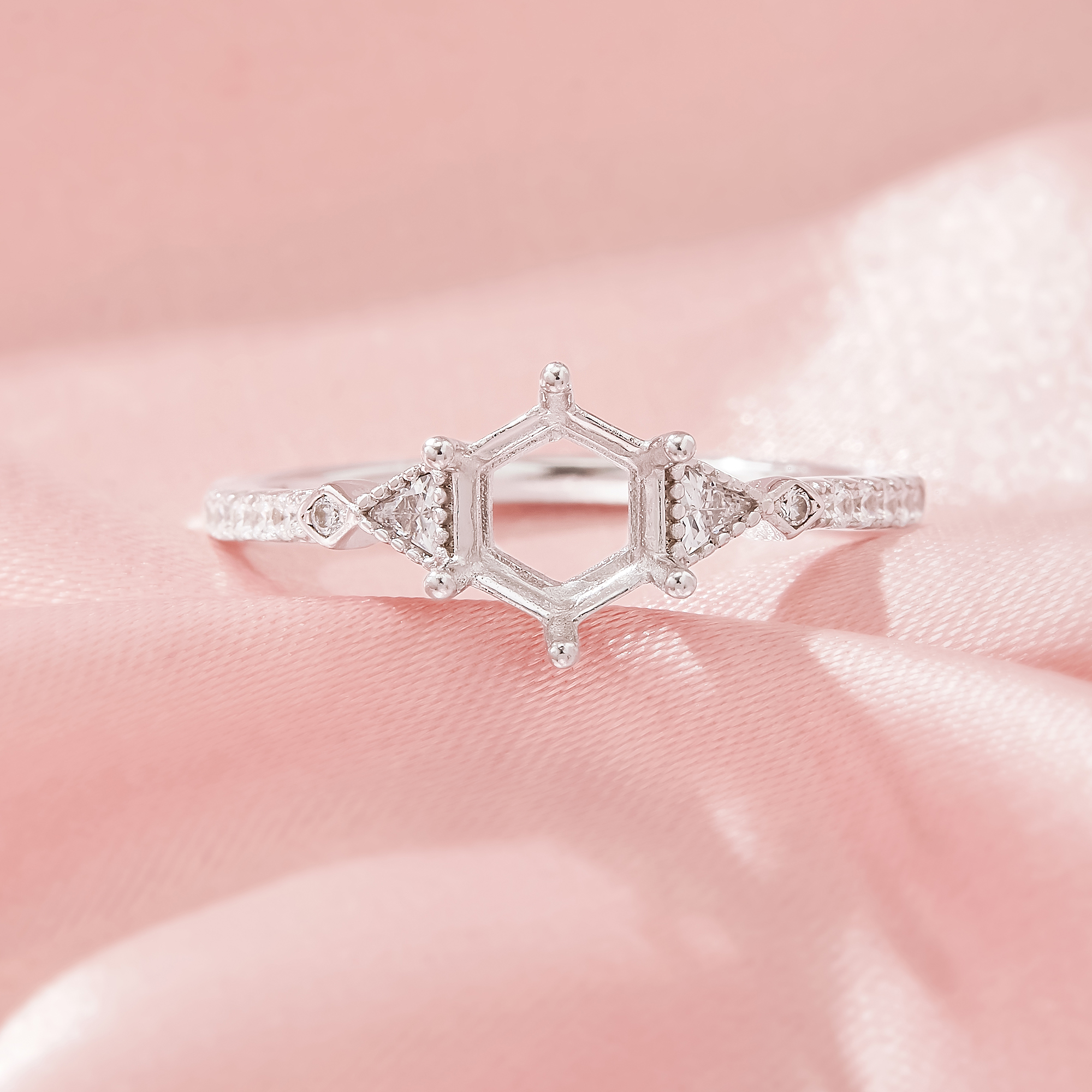 Halo Hexagon Prong Ring Settings,Solid Back 14K 18K Gold Moissanite Ring,Dainty Art Deco Ring,DIY Ring Supplies For Gemstone 1294974 - Click Image to Close