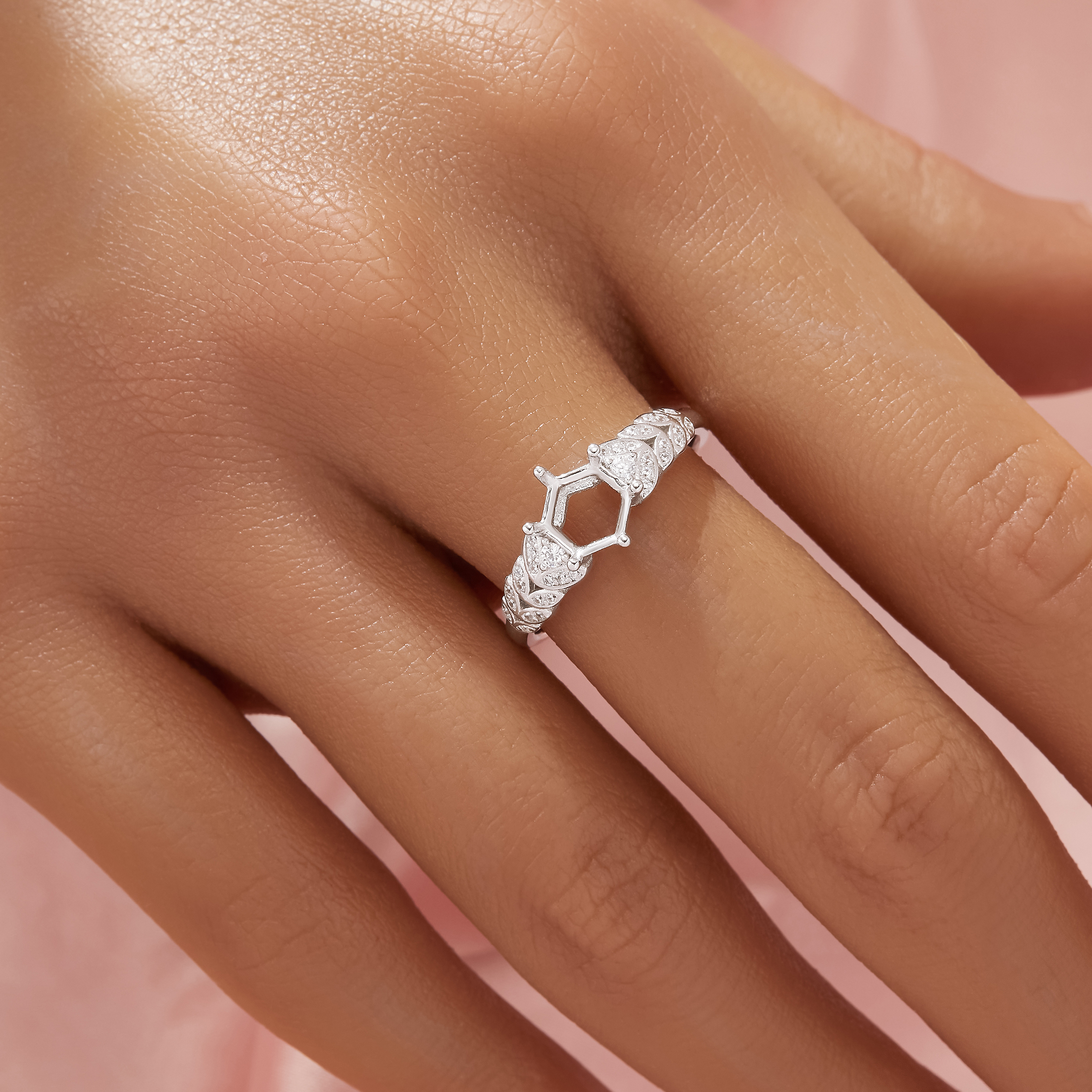 Halo Hexagon Prong Ring Settings,Tree Branch Leaf Solid 14K 18K Gold Moissanite Ring,Dainty Art Deco Ring,DIY Ring Supplies 1294975 - Click Image to Close