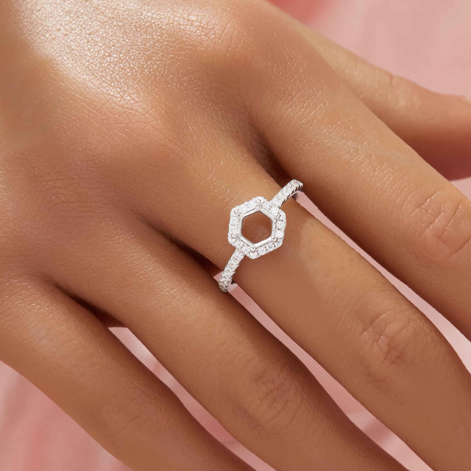 Halo Hexagon Prong Ring Settings,Solid 14K 18K Gold Moissanite Ring,Pave Moissanite Hexagon Ring,DIY Ring Supplies 1294983 - Click Image to Close