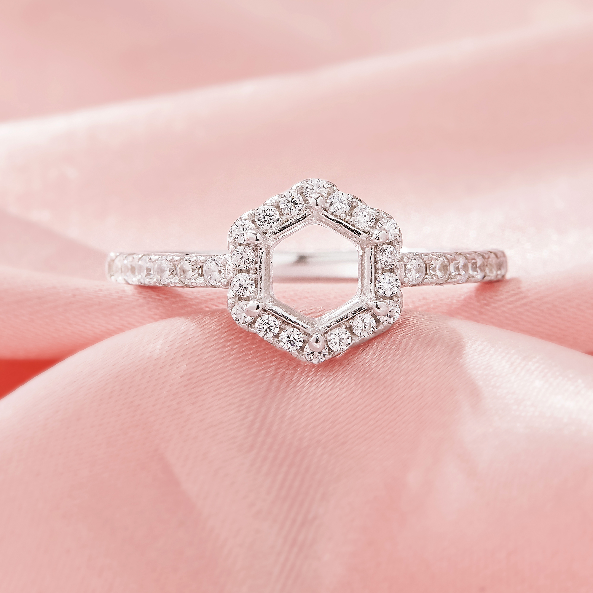 Halo Hexagon Prong Ring Settings,Solid 14K 18K Gold Moissanite Ring,Pave Moissanite Hexagon Ring,DIY Ring Supplies 1294983 - Click Image to Close