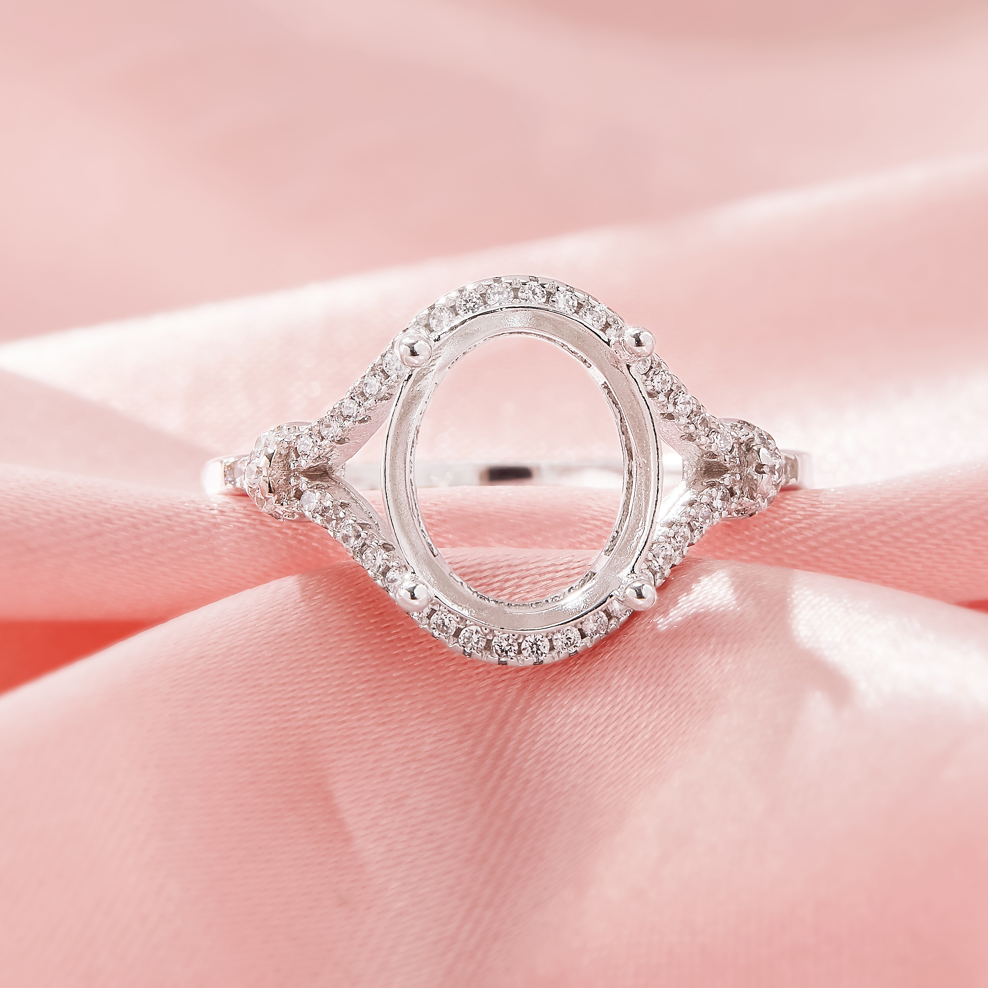 Oval Prong Ring Settings,Split Shank Solid 14K 18K Gold Ring,Elegant Pave Moissanite Ring,DIY Ring Supplies For Gemstone 1294990 - Click Image to Close