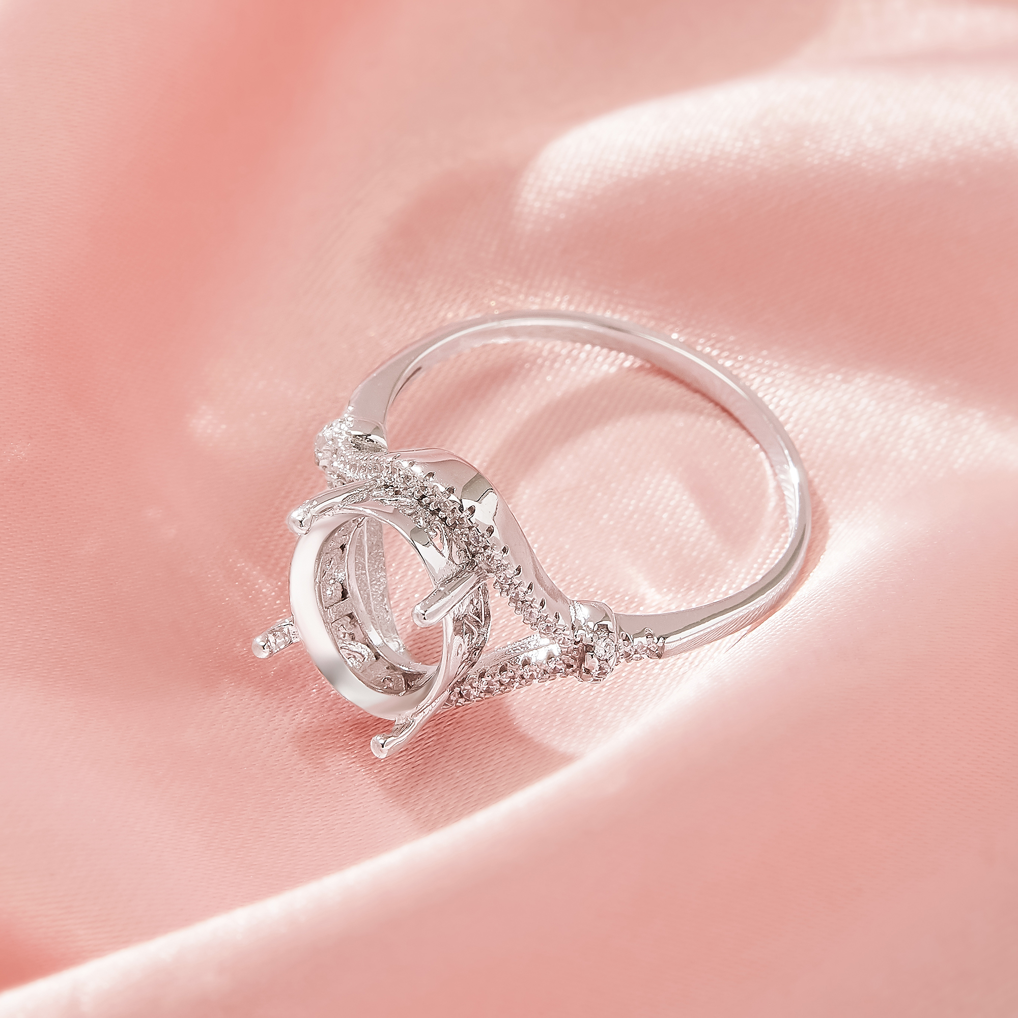 Oval Prong Ring Settings,Split Shank Solid 14K 18K Gold Ring,Elegant Pave Moissanite Ring,DIY Ring Supplies For Gemstone 1294990 - Click Image to Close