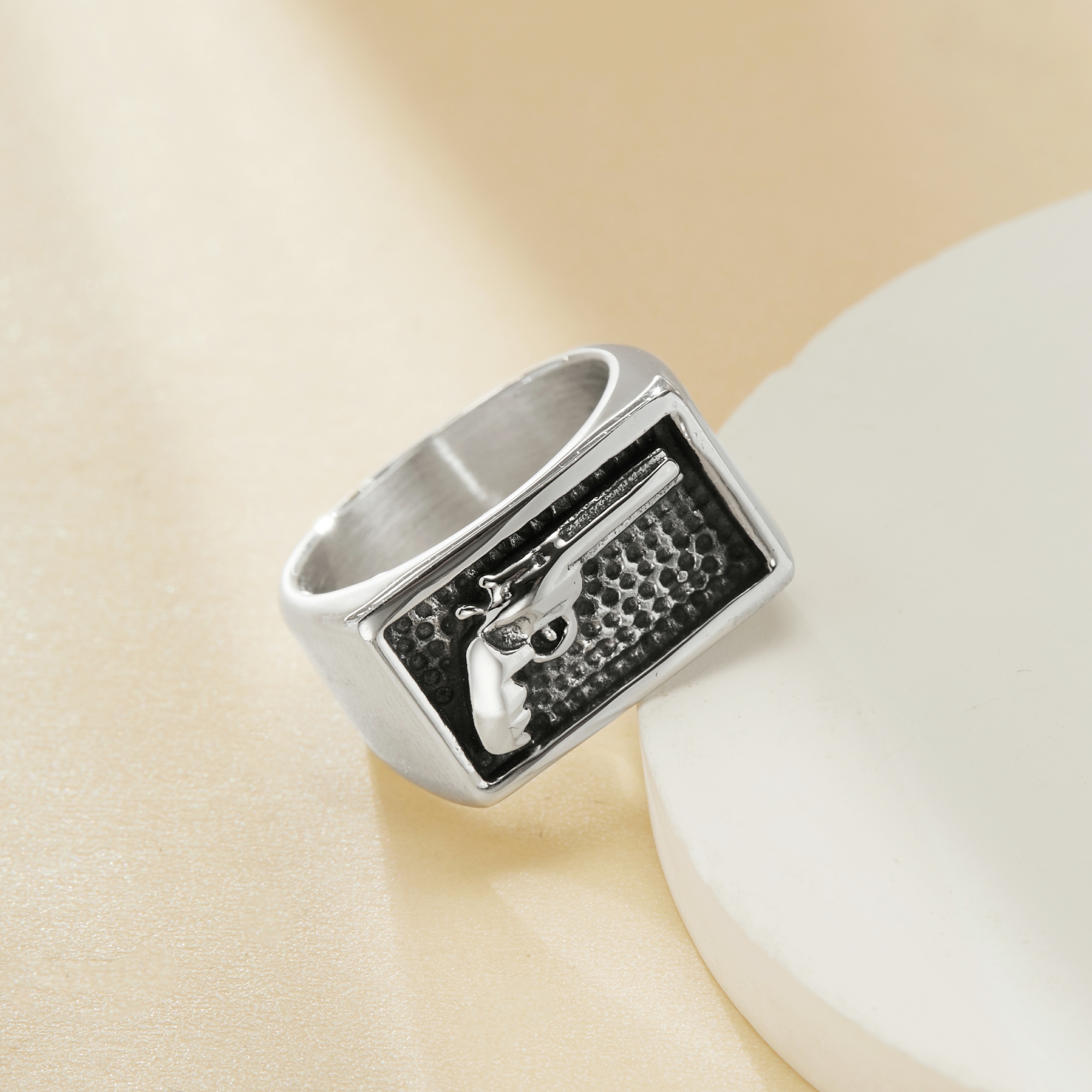 Stainless Steel Pistol Pattern Signet Ring,Rectangular Signet Rings,Men's Silver Rings, Western Badge Rings,DIY Ring Supplies 1295015 - Click Image to Close
