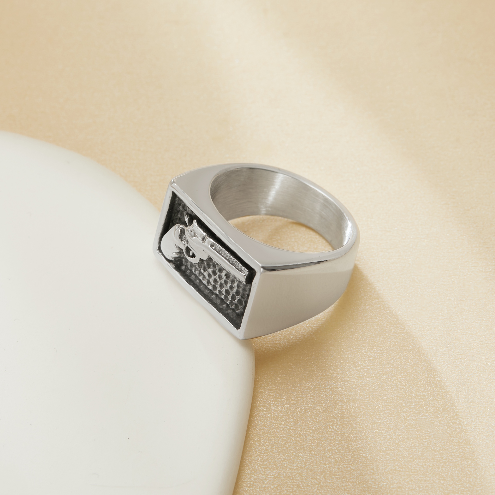 Stainless Steel Pistol Pattern Signet Ring,Rectangular Signet Rings,Men's Silver Rings, Western Badge Rings,DIY Ring Supplies 1295015 - Click Image to Close