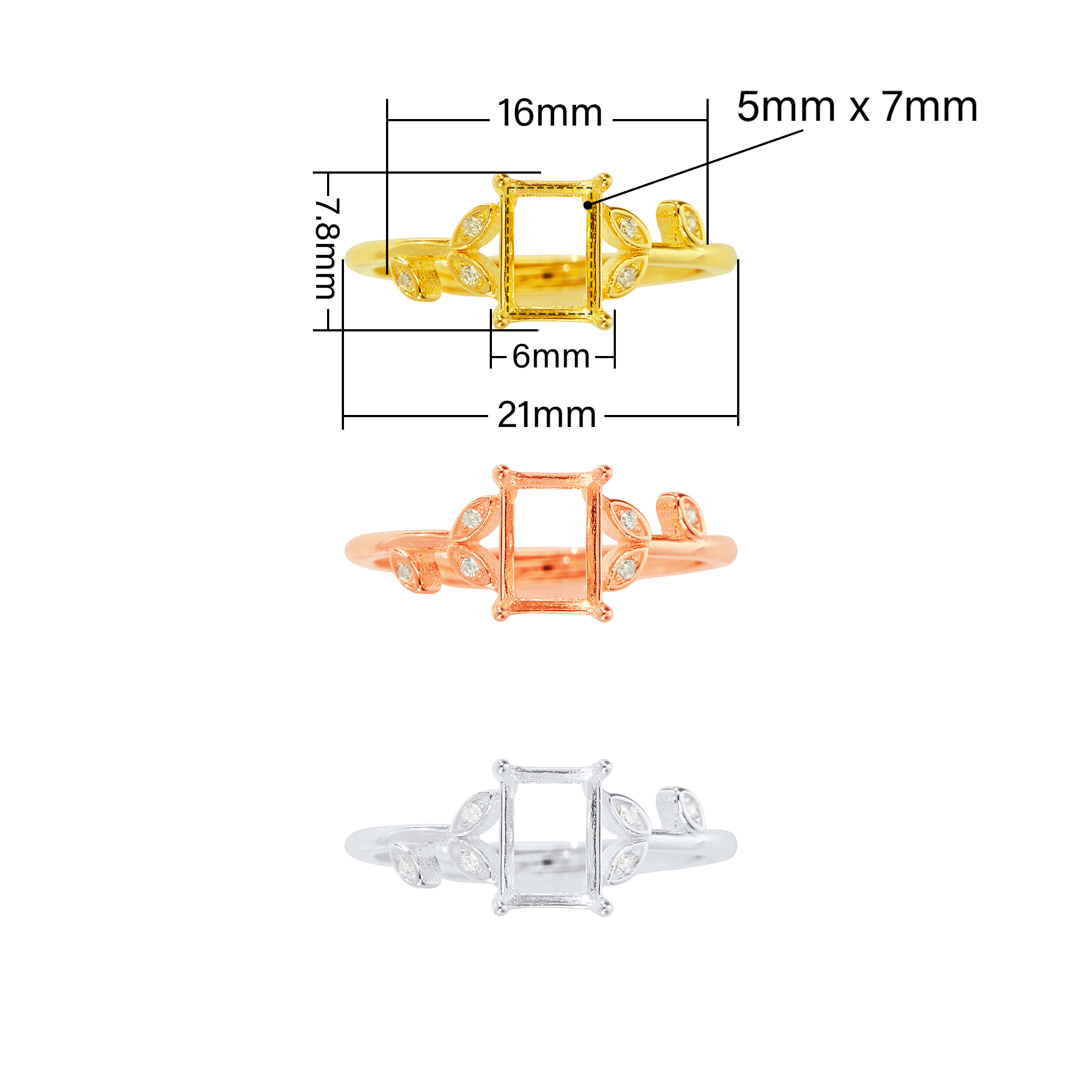 5x7MM Rectangle Prong Ring Settings,Tree Branch Leaf Solid 925 Sterling Silver Rose Gold Plated Ring,DIY Ring Supplies For Gemstone 1295034 - Click Image to Close