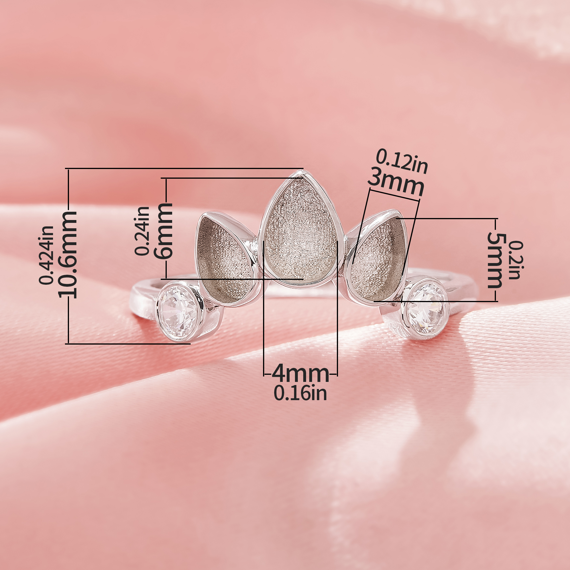 Three Stones Keepsake Breast Milk Resin Pear Bezel Ring Settings,Solid 925 Sterling Silver Ring,CZ Stone Art Deco Solid Back Ring,DIY Ring Supplies 1295041-1