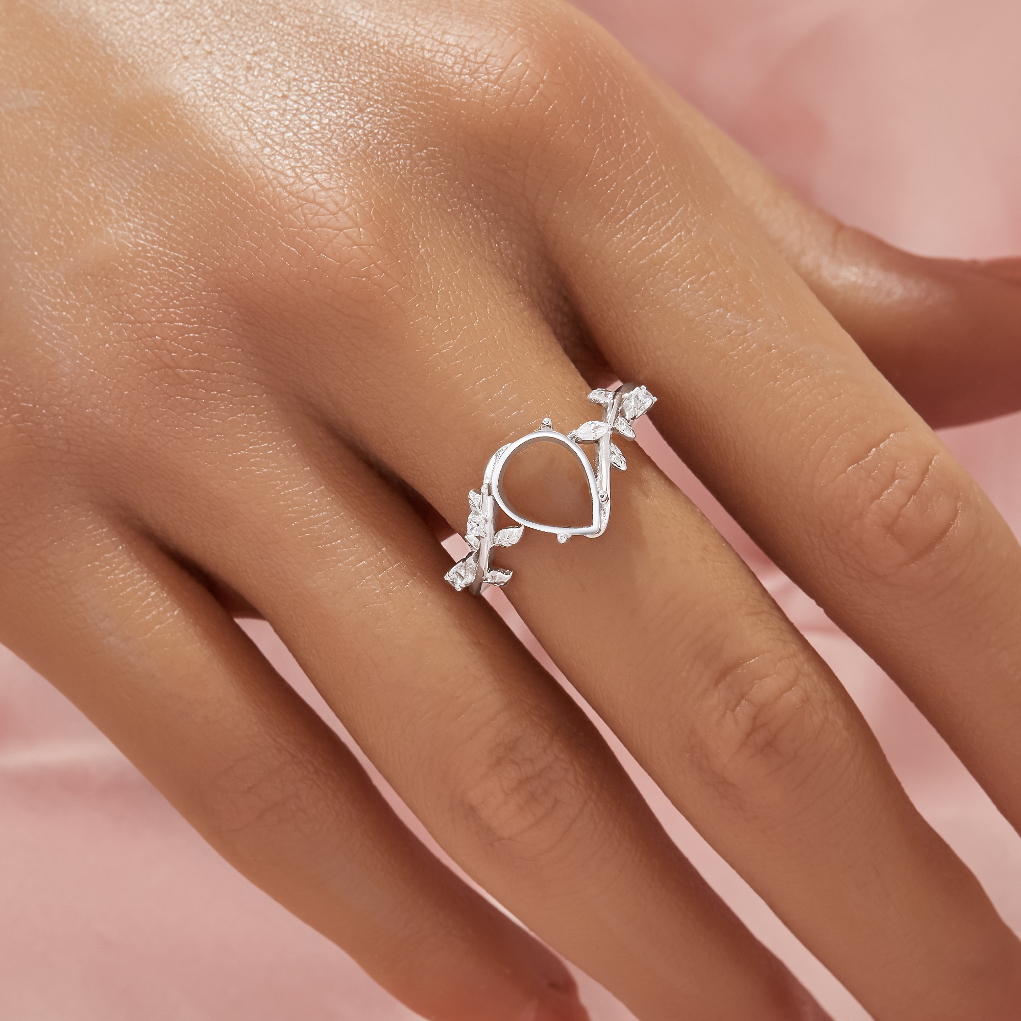 Pear Prong Ring Settings,Bypass Shank Solid 925 Sterling Silver Ring,Tree Branch Leaf Art Deco DIY Ring Supplies 1295042-1