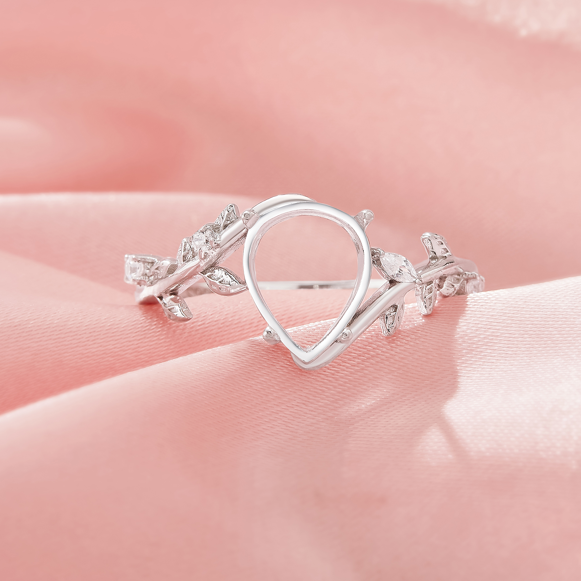 Pear Prong Ring Settings,Bypass Shank Solid 925 Sterling Silver Ring,Tree Branch Leaf Art Deco DIY Ring Supplies 1295042-1