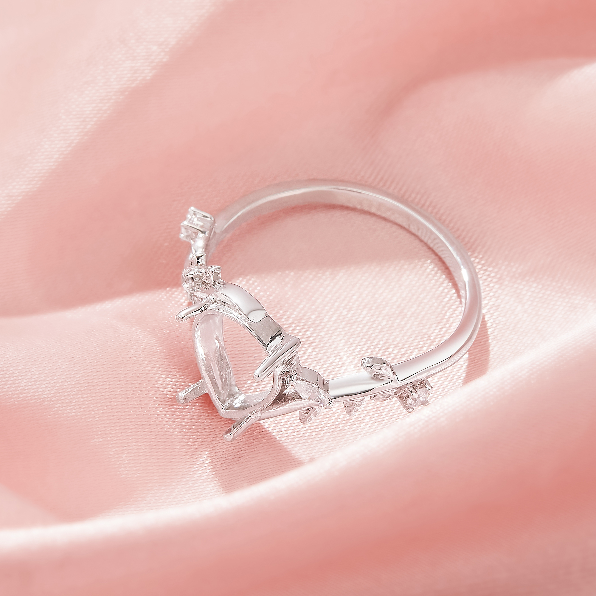 Pear Prong Ring Settings,Bypass Shank Solid 925 Sterling Silver Ring,Tree Branch Leaf Art Deco DIY Ring Supplies 1295042-1