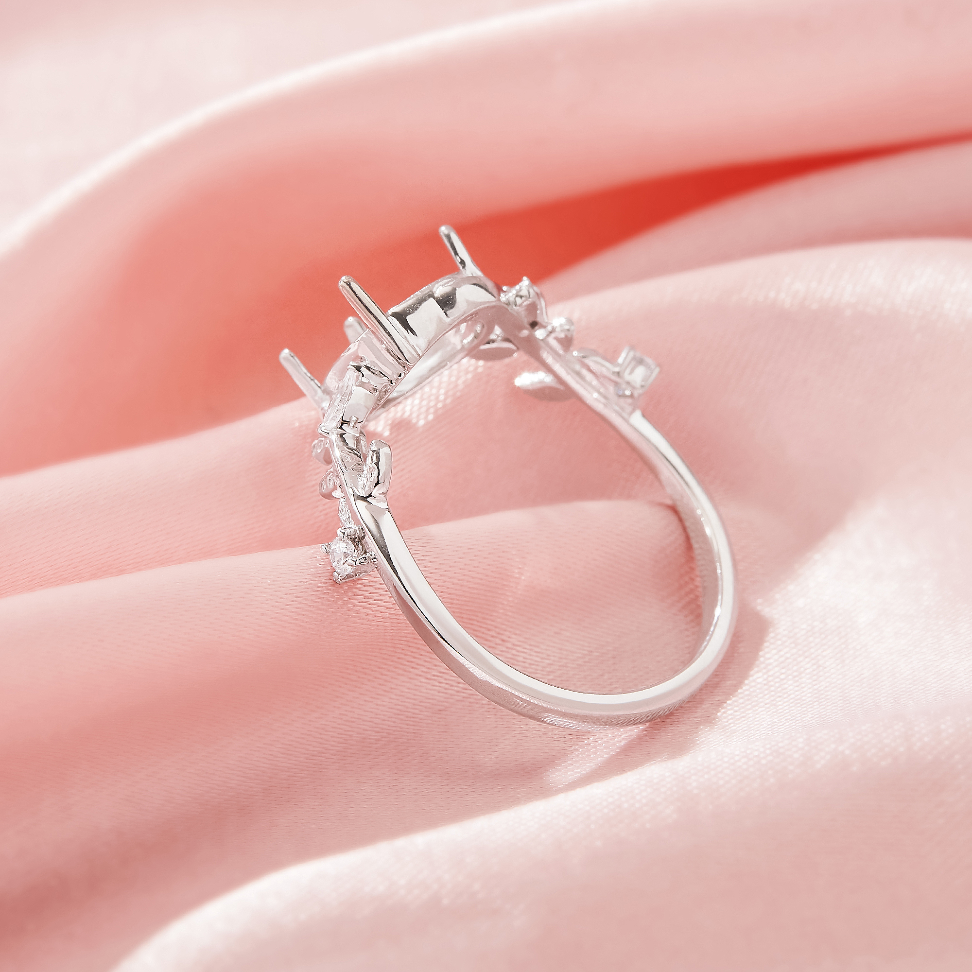 Pear Prong Ring Settings,Bypass Shank Solid 925 Sterling Silver Ring,Tree Branch Leaf Art Deco DIY Ring Supplies 1295042-1