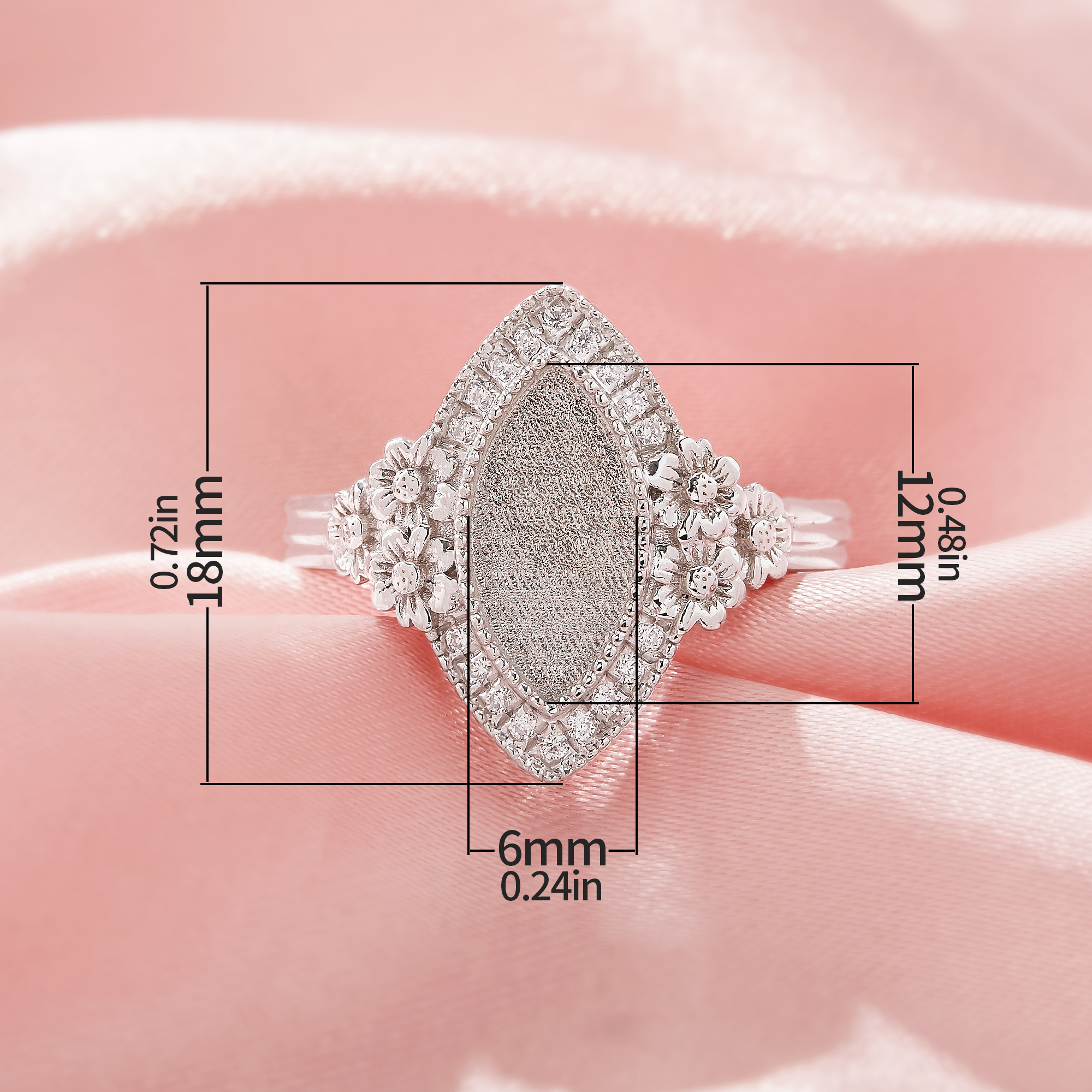 6x12MM Keepsake Breast Milk Resin Marquise Bezel Ring Settings,Daisy Flower Solid 925 Sterling Silver Ring,Solid Back Flower Art Deco Ring,DIY Ring Supplies 1295059-1