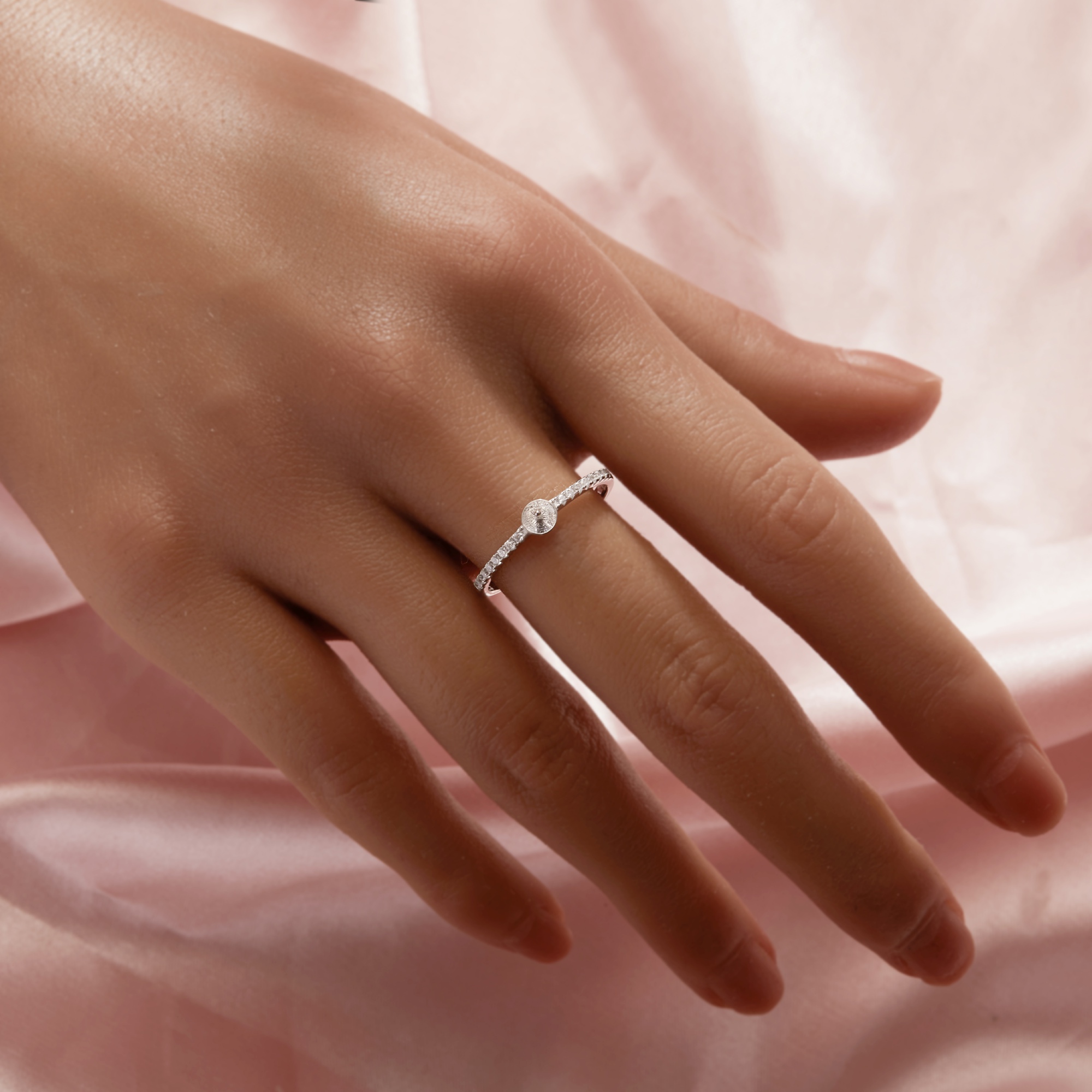 Ball Round Pin Ring Settings For Half Drilled Pearl Bead,Solid 925 Sterling Silver Ring For Half Drilled Beads,Pave Moissanite Ring,DIY Ring Supplies 1295072