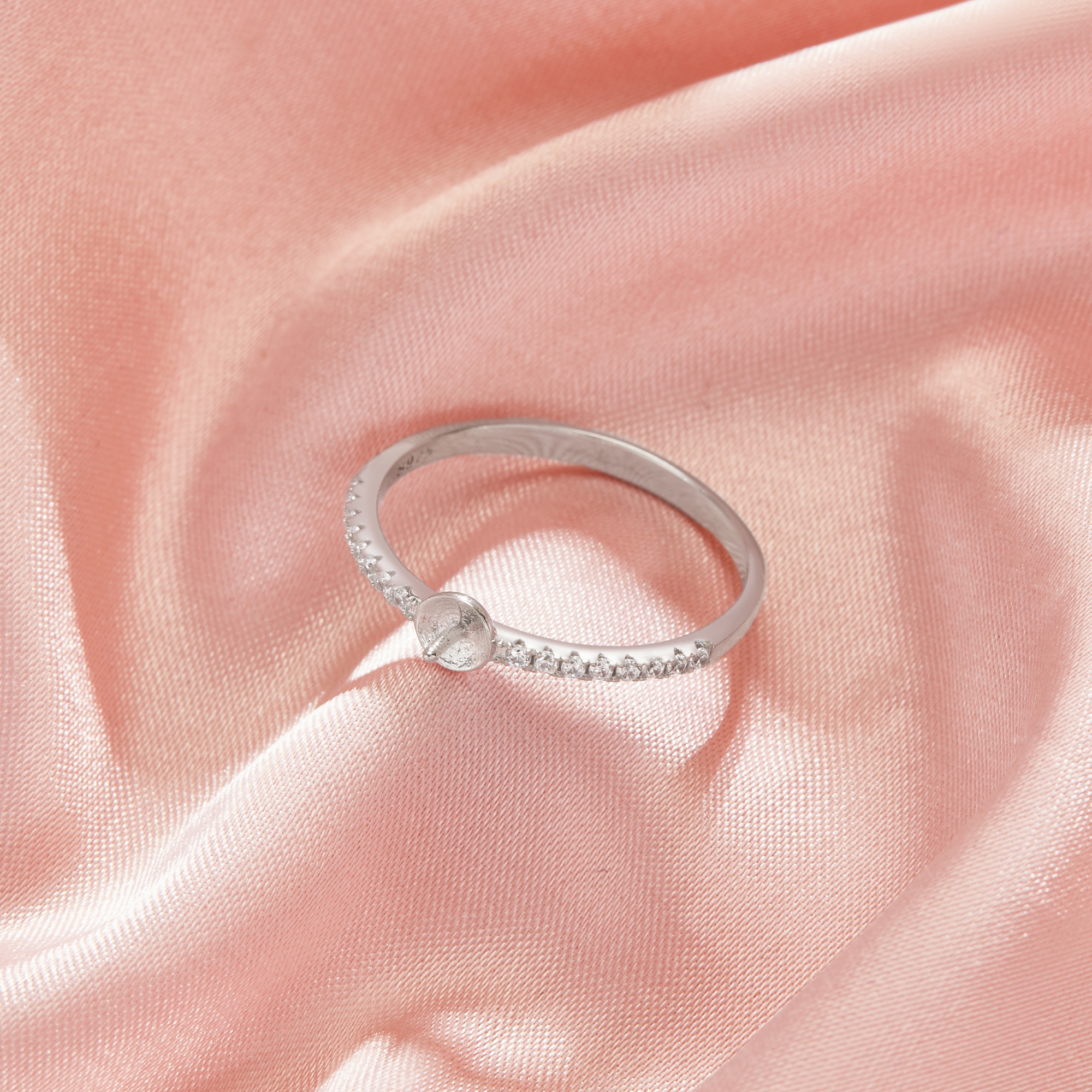 Ball Round Pin Ring Settings For Half Drilled Pearl Bead,Solid 925 Sterling Silver Ring For Half Drilled Beads,Pave Moissanite Ring,DIY Ring Supplies 1295072