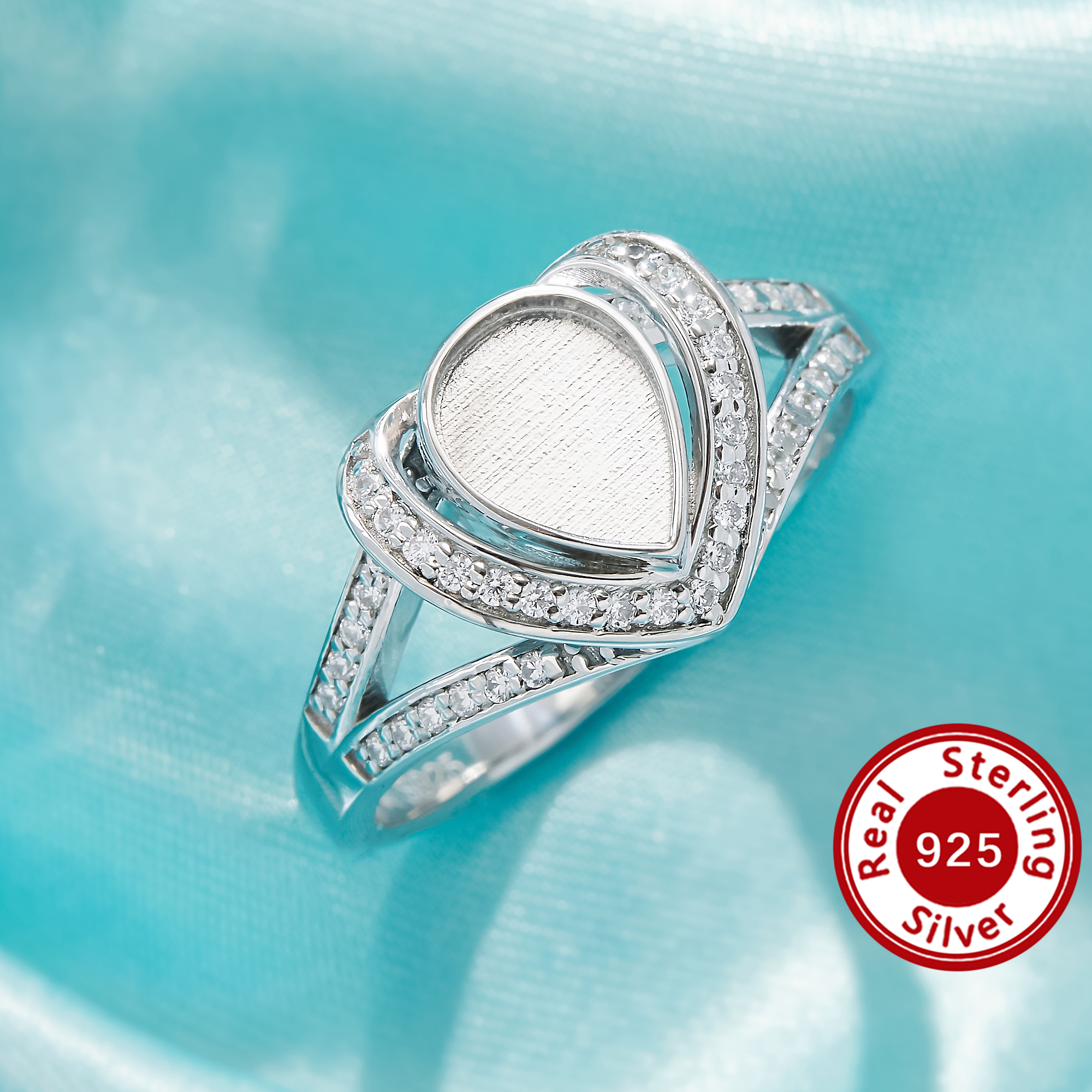 6x8MM Keepsake Breast Milk Resin Halo Pear Bezel Ring Settings,Split Shank Solid 925 Sterling Silver Ring,Pave CZ Stone Ring,DIY Ring Supplies 1295108-1