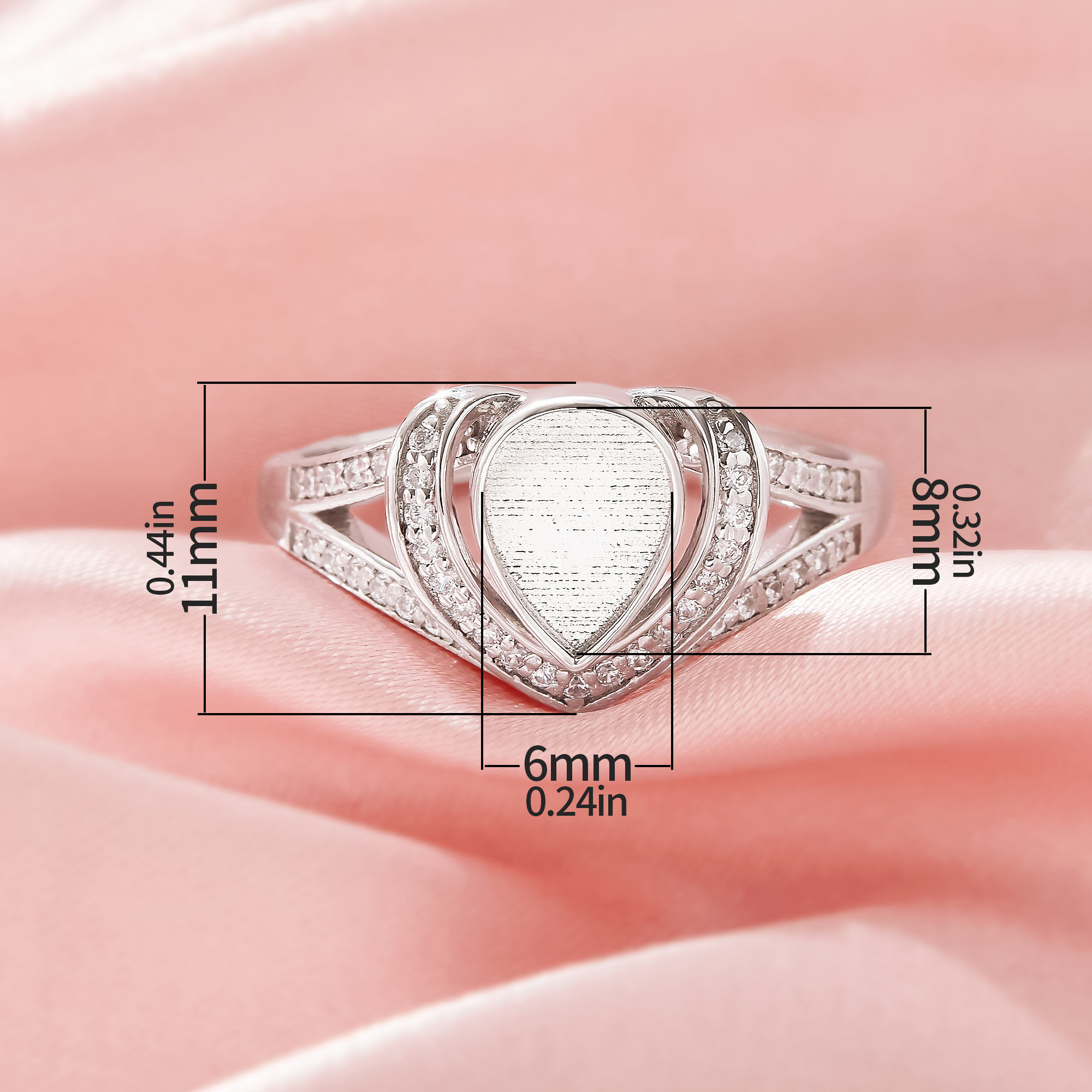 6x8MM Keepsake Breast Milk Resin Halo Pear Bezel Ring Settings,Split Shank Solid 925 Sterling Silver Ring,Pave CZ Stone Ring,DIY Ring Supplies 1295108-1