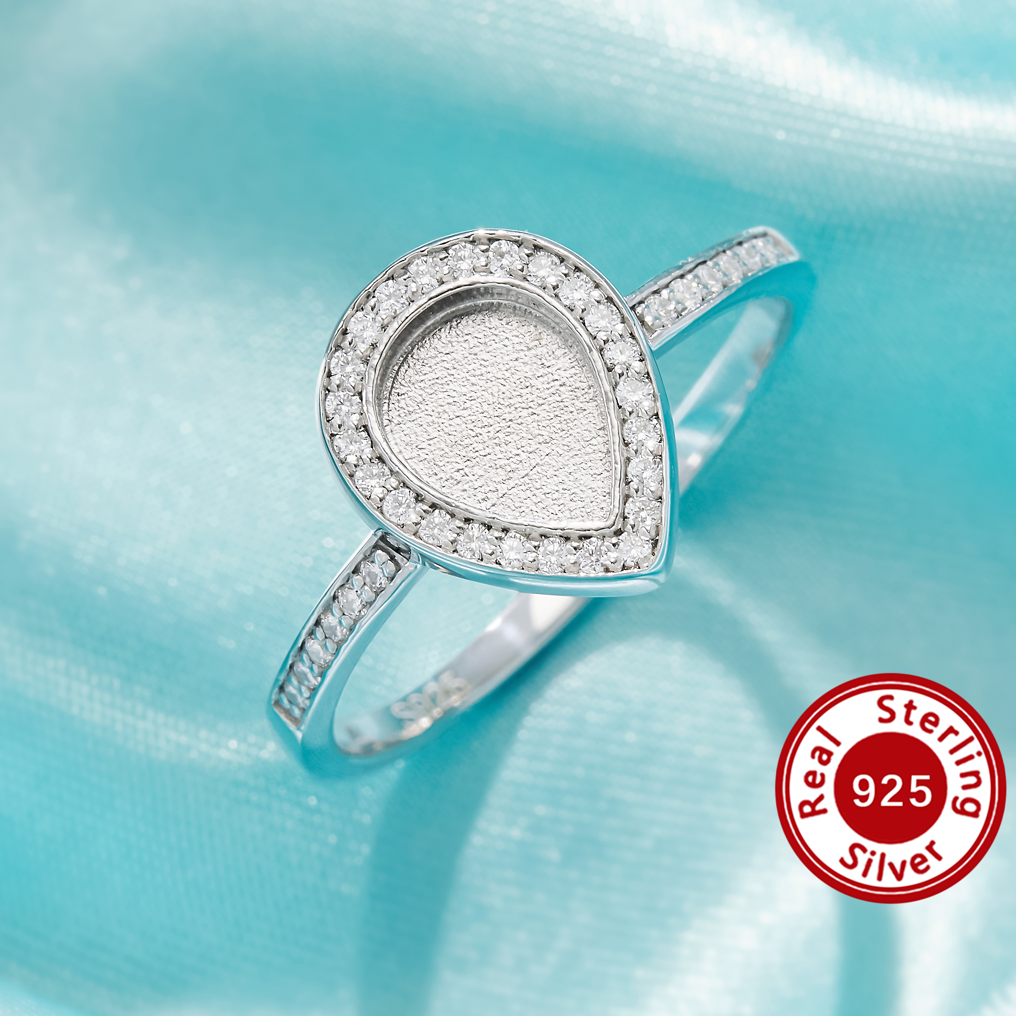 Keepsake Breast Milk Resin Halo Pear Bezel Ring Settings,Solid 925 Sterling Silver Ring,Pave CZ Stone Ring,DIY Ring Supplies 1295109-1