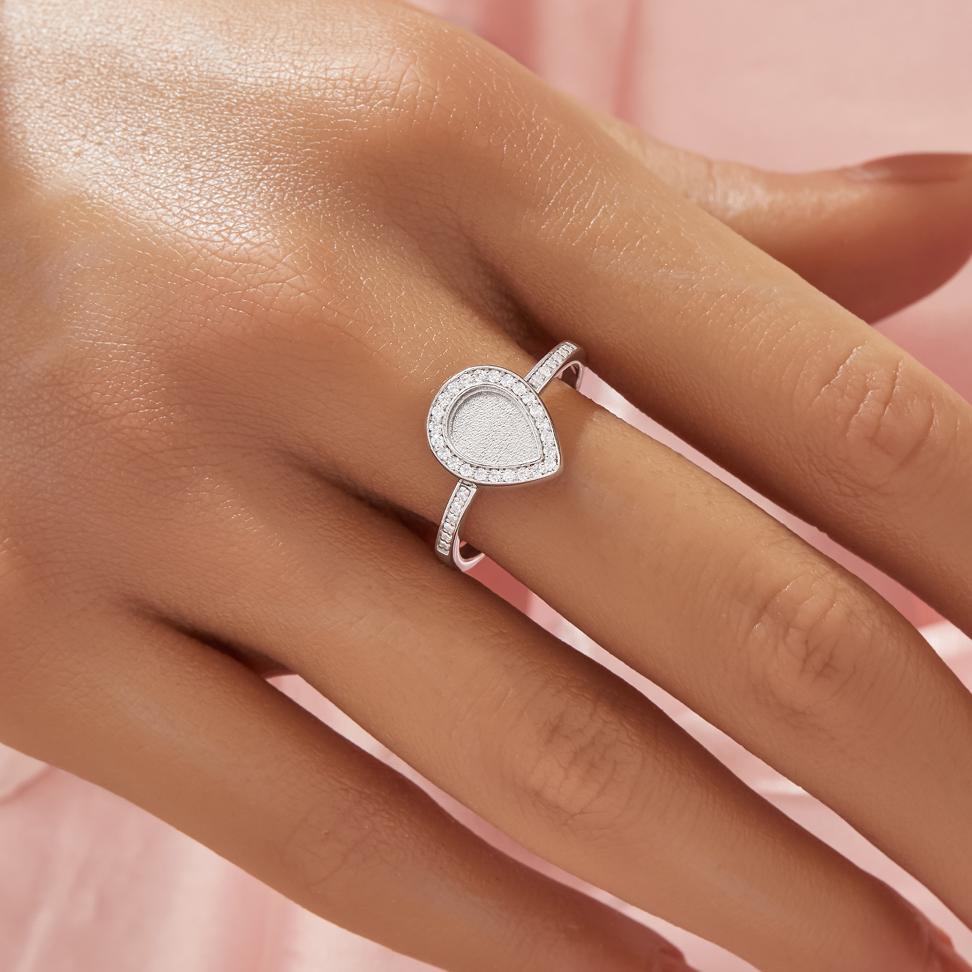 Keepsake Breast Milk Resin Halo Pear Bezel Ring Settings,Solid 925 Sterling Silver Ring,Pave CZ Stone Ring,DIY Ring Supplies 1295109-1