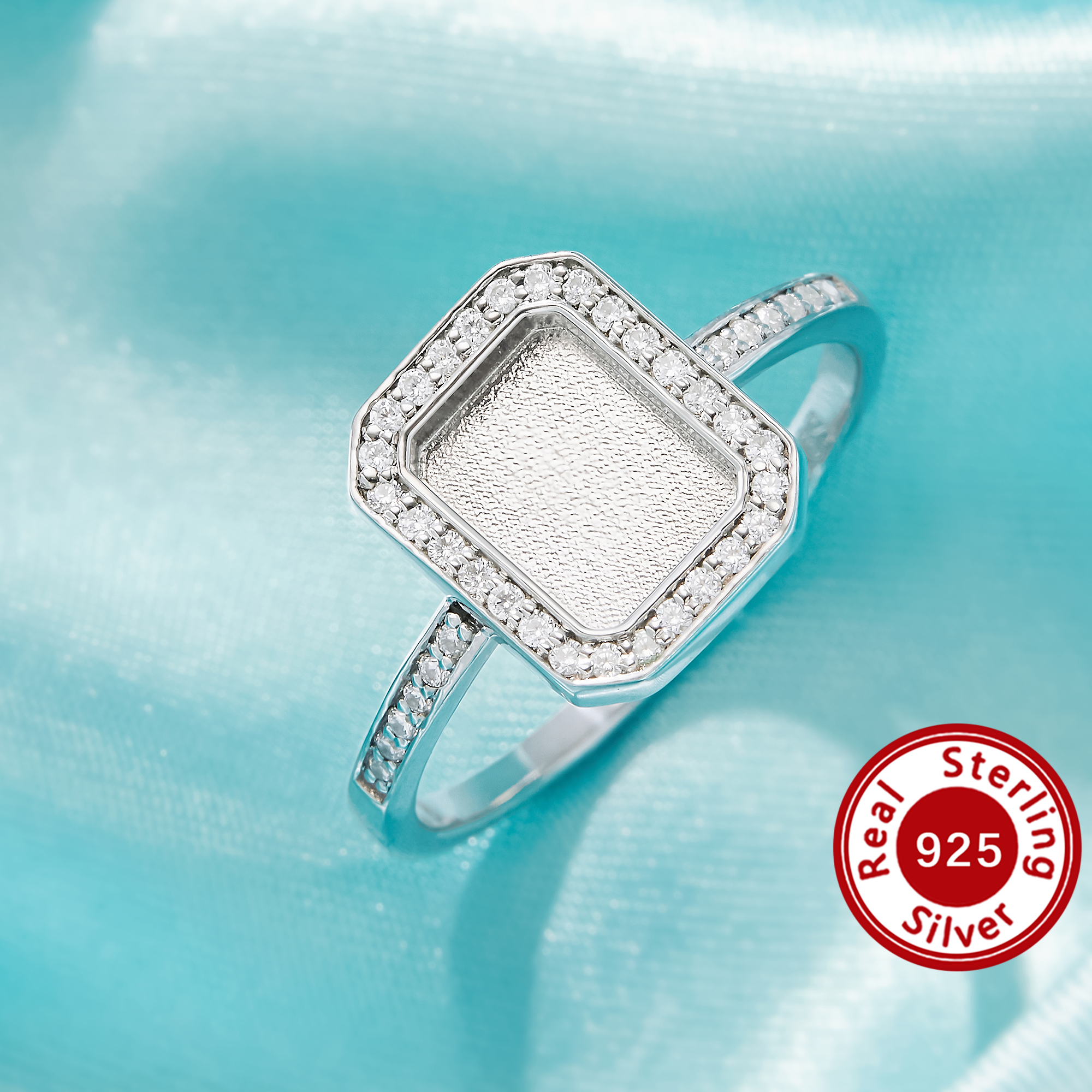 Keepsake Breast Milk Resin Halo Rectangle Bezel Ring Settings,Solid 925 Sterling Silver Ring,Pave CZ Stone Ring,DIY Ring Supplies 1295110-1