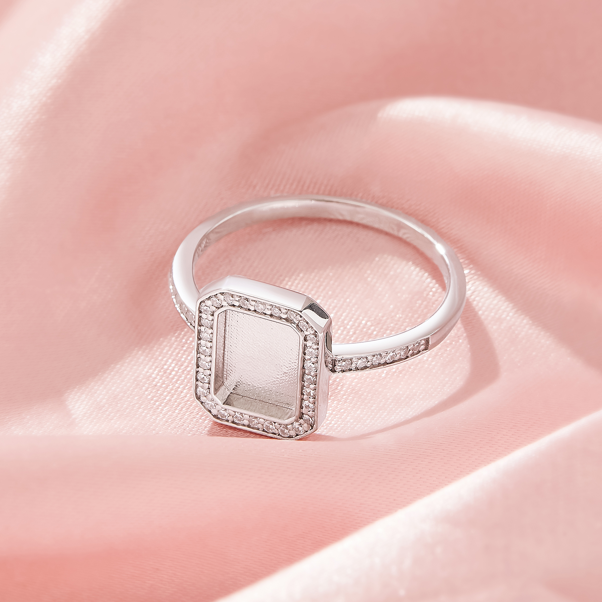 Keepsake Breast Milk Resin Halo Rectangle Bezel Ring Settings,Solid 925 Sterling Silver Ring,Pave CZ Stone Ring,DIY Ring Supplies 1295110-1