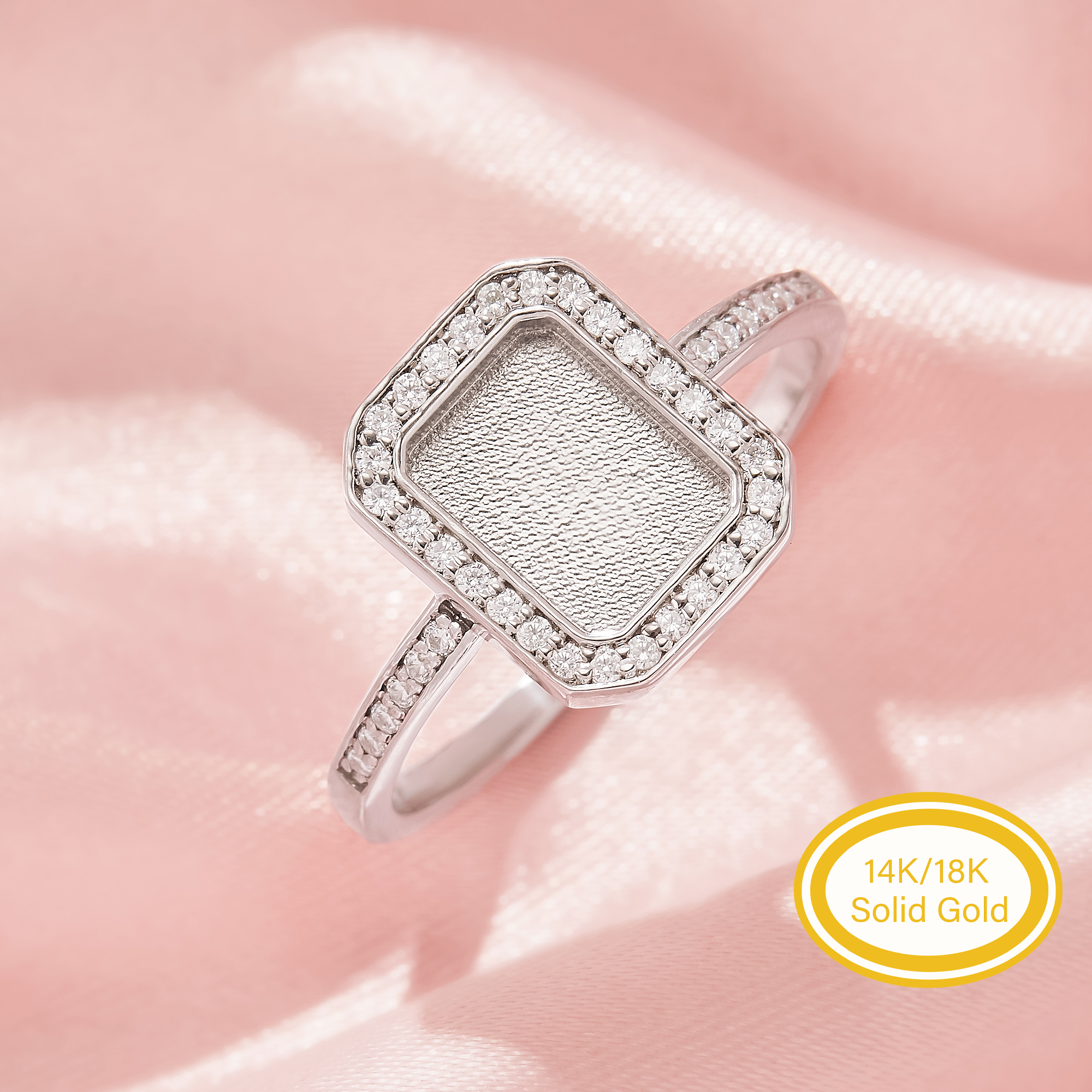 Keepsake Breast Milk Resin Halo Rectangle Bezel Ring Settings,Solid 14K 18K Gold Ring,Pave Moissanite Ring,DIY Ring Supplies 1295110