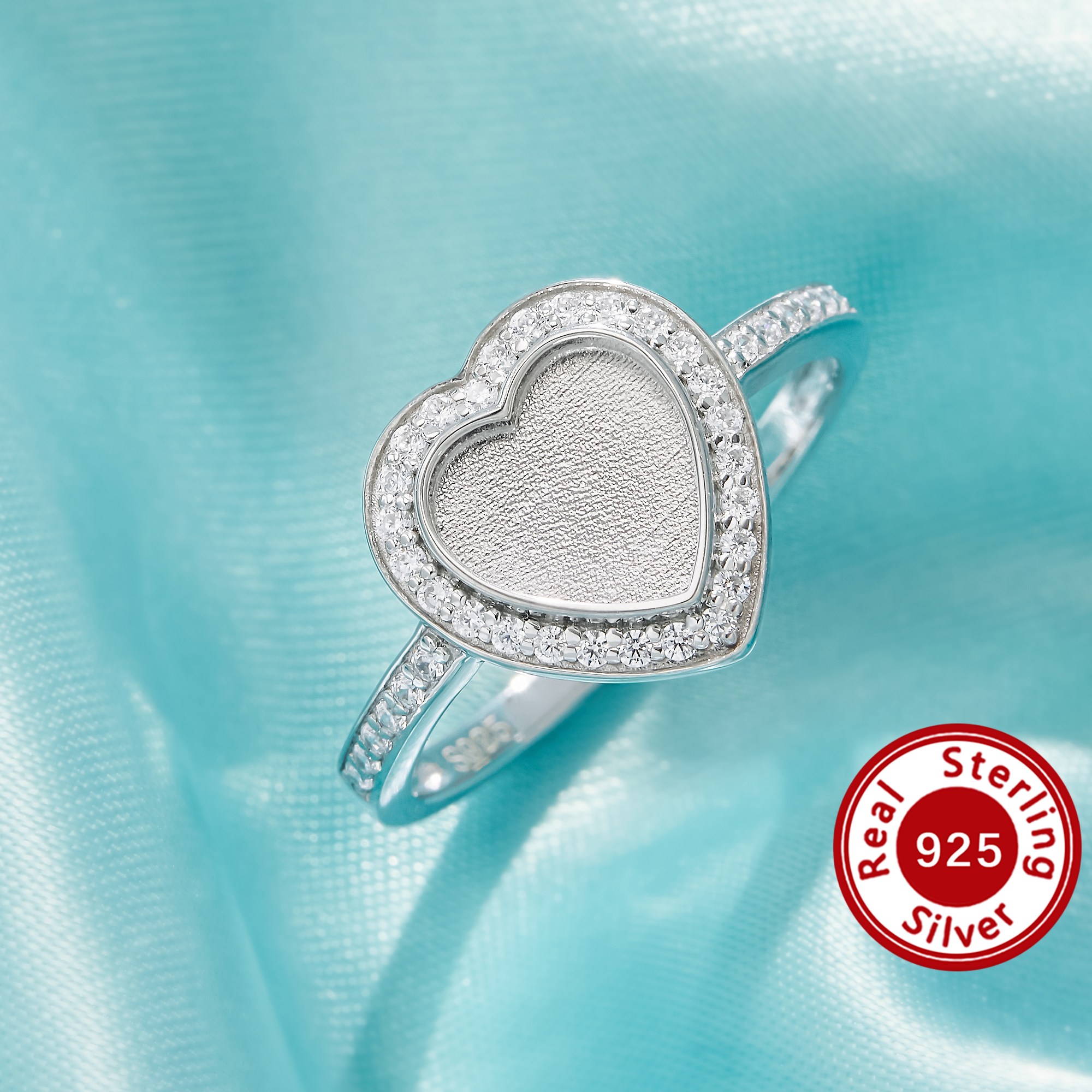 Keepsake Breast Milk Resin Halo Heart Ring Bezel Settings,Birthstone Solid 925 Sterling Silver Rose Gold Plated Ring,Art Deco Heart Ring,DIY Ring Supplies 1295118-1
