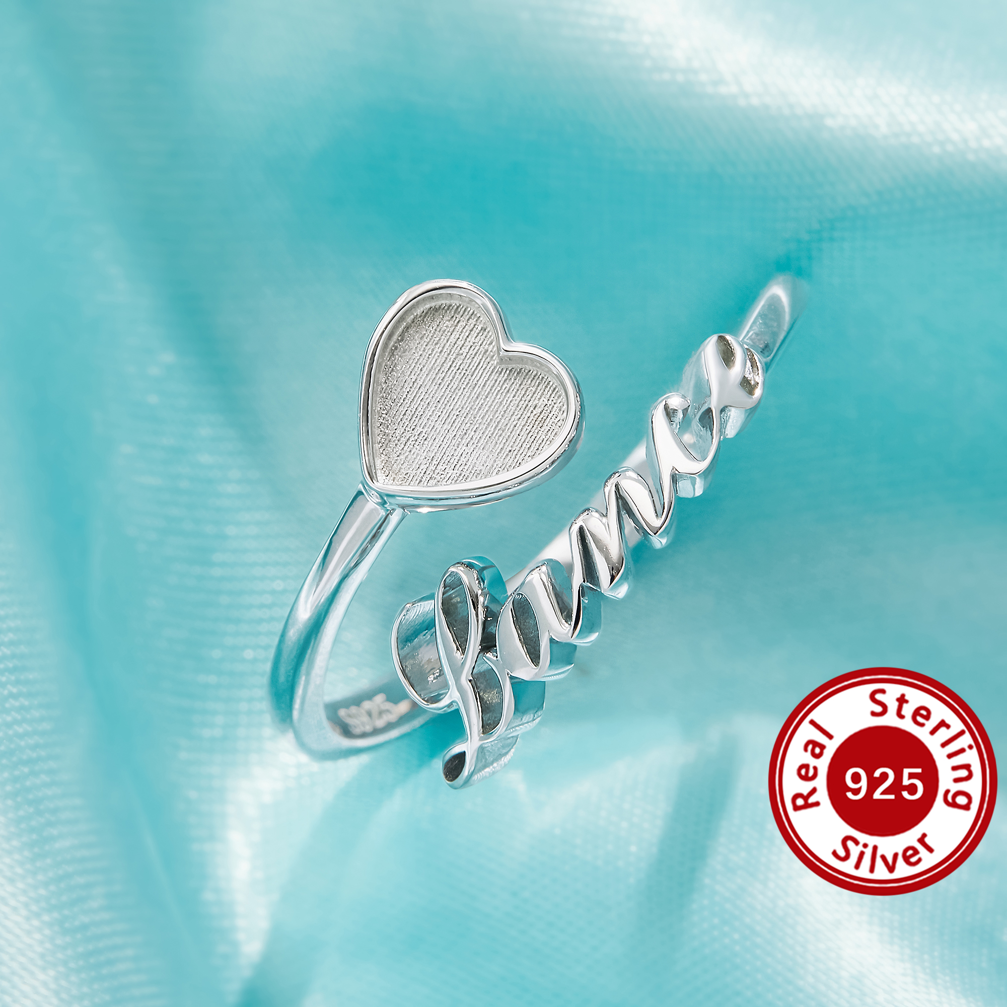 6MM Keepsake Breast Milk Resin Heart Ring Bezel Settings,Customized Name Solid 925 Sterling Silver Rose Gold Plated Ring,Art Deco Adjustable Ring,DIY Ring Supplies 1295119-1