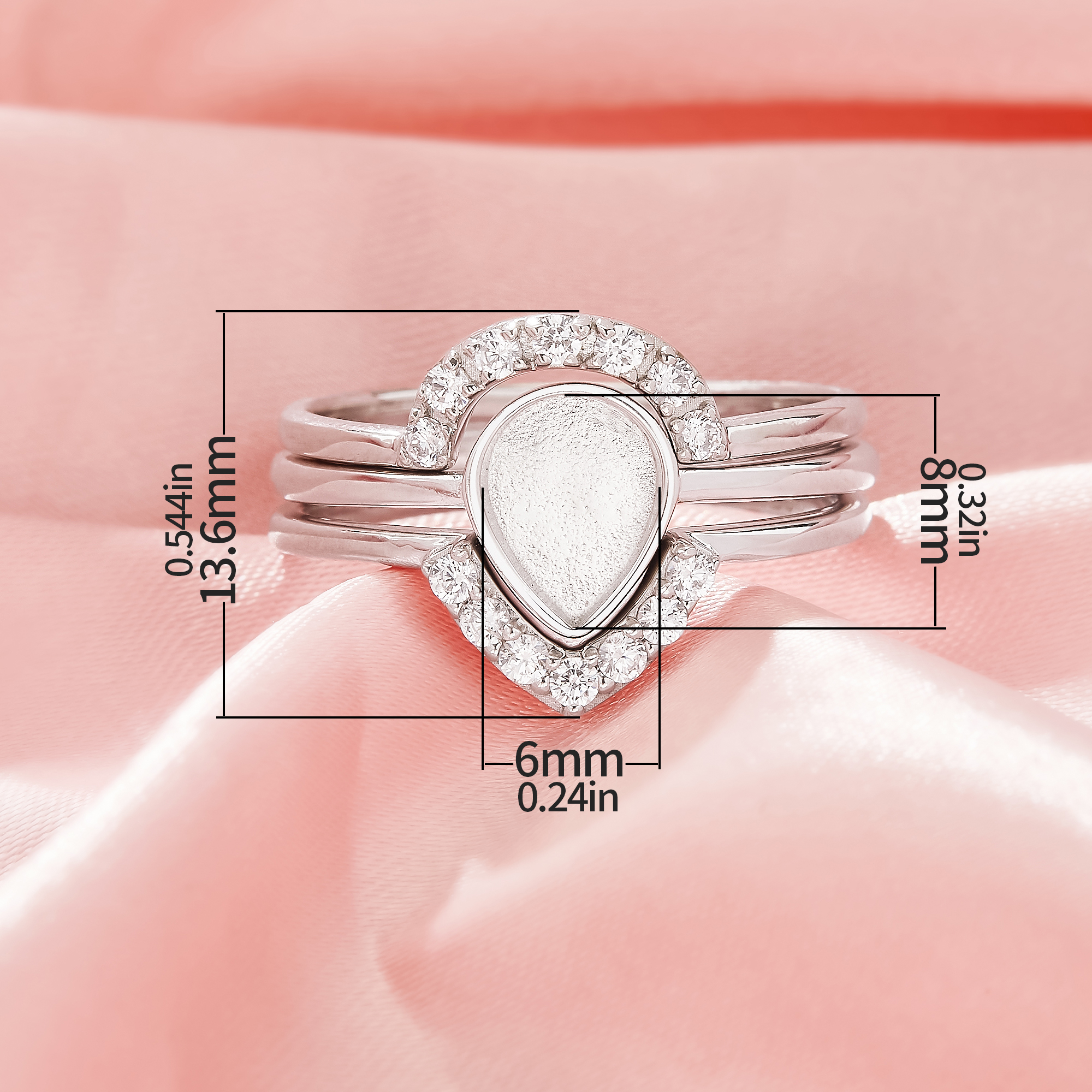 6x8MM Keepsake Breast Milk Resin Pear Bezel Ring Settings,Birthstone Solid 925 Sterling Silver Rose Gold Plated Ring,Curve Stackable Ring,DIY Ring Supplies 1295122-1