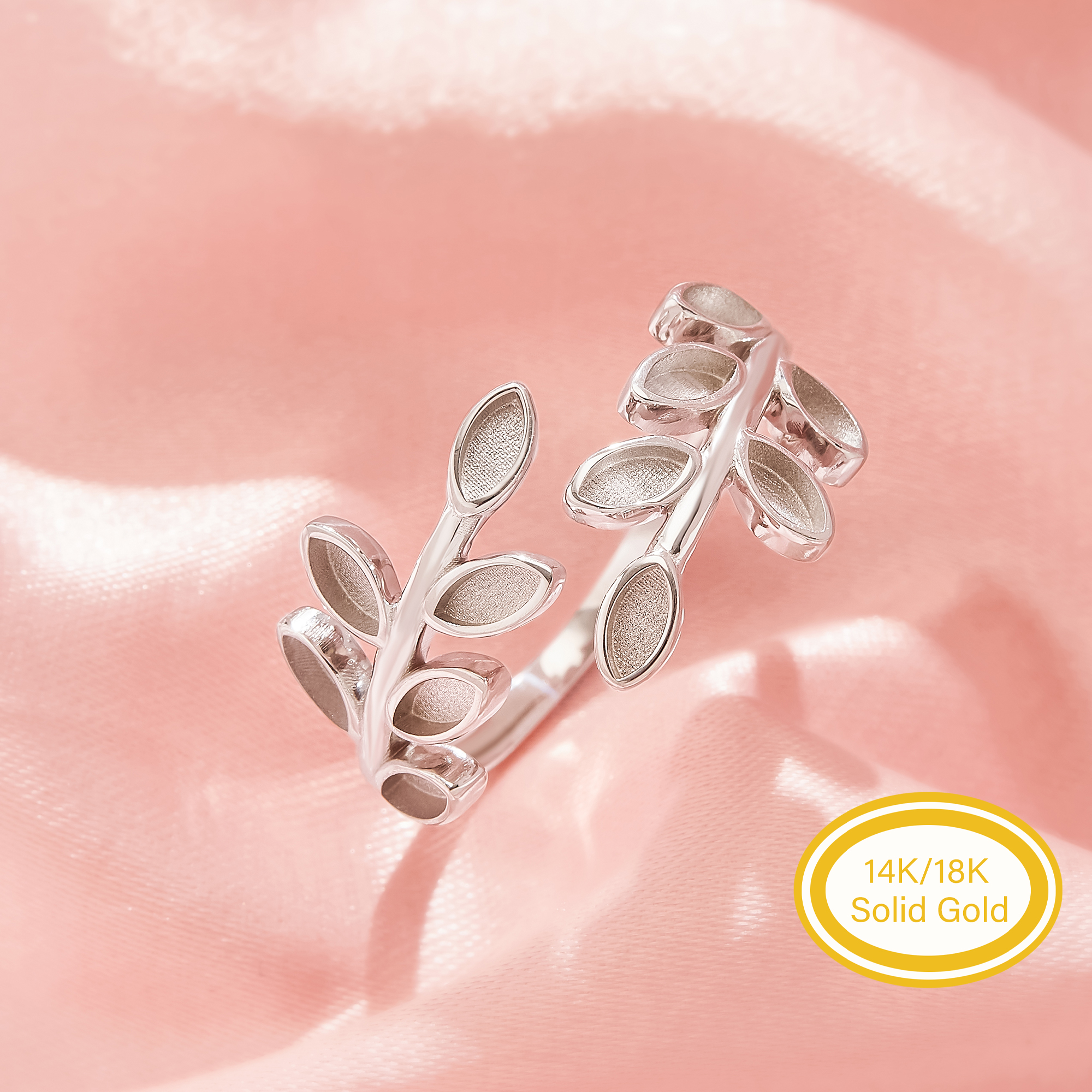 2x4MM Keepsake Breast Milk Marquise Ring Settings,Solid 14K 18K Gold Bypass Tree Branch Leaf DIY Ring 1295147