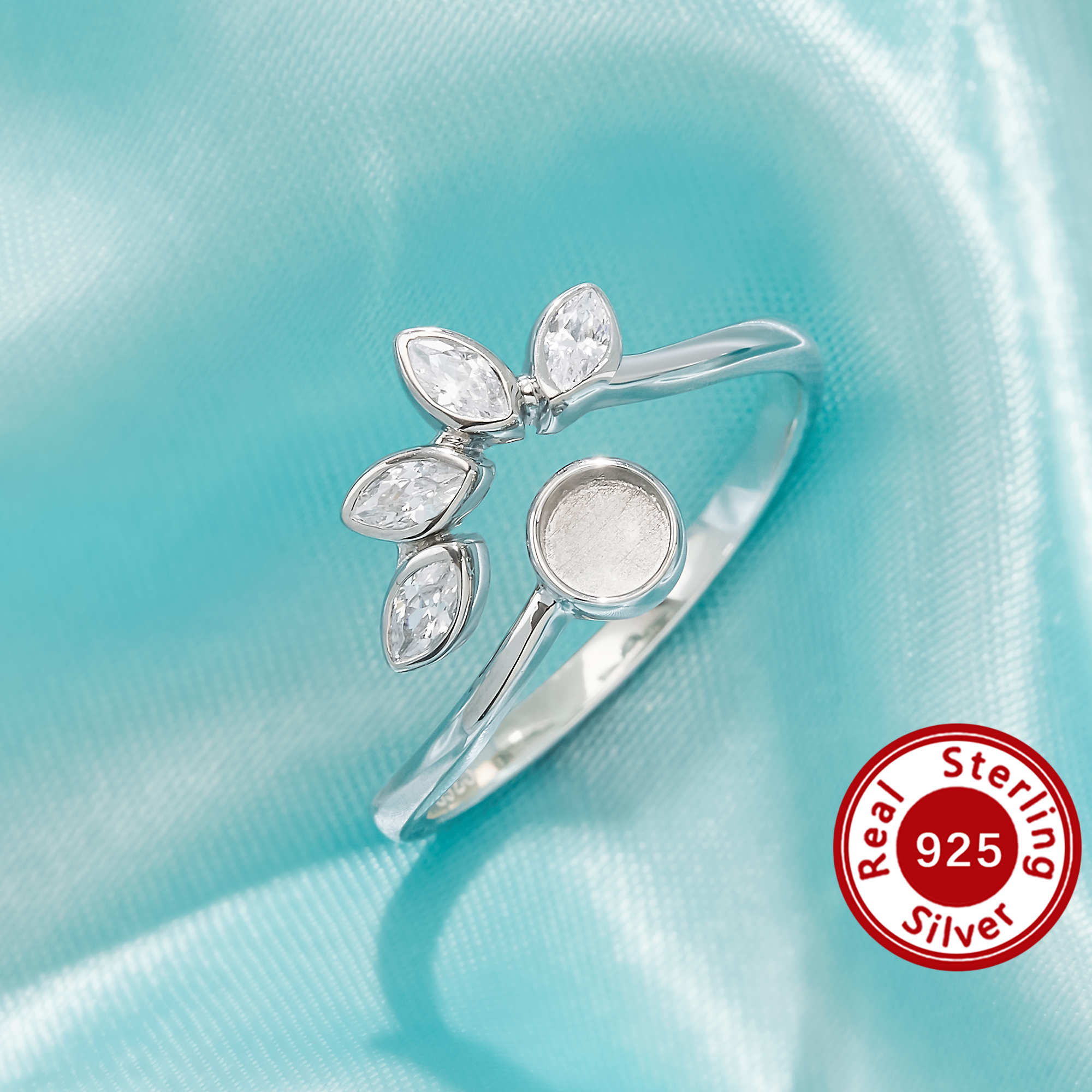 4MM Keepsake Mother Milk Resin Round Ring Settings,Solid Back Solid 925 Sterling Silver Adjustable Ring,Pear CZ Stone Ring 1295151-1
