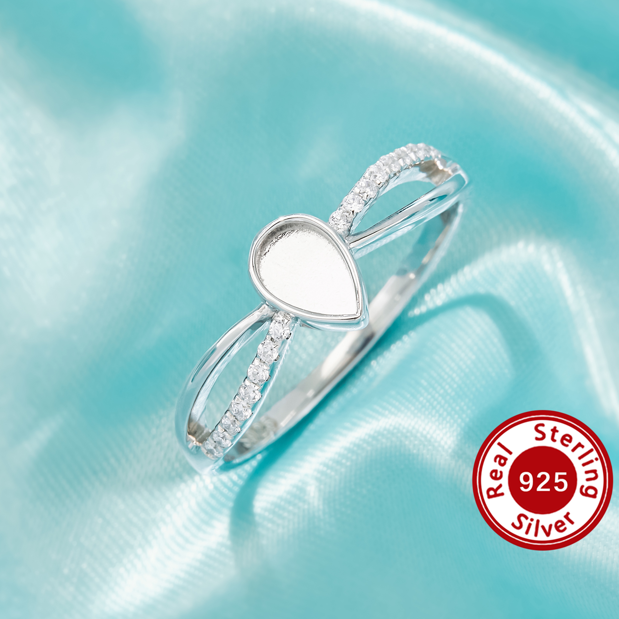 4x6MM Keepsake Mother Milk Resin Bezel Ring Settings,Teardrop Elegant Solid 925 Sterling Silver Ring, Classic Pave Accent Stones Jewelry 1295158-1
