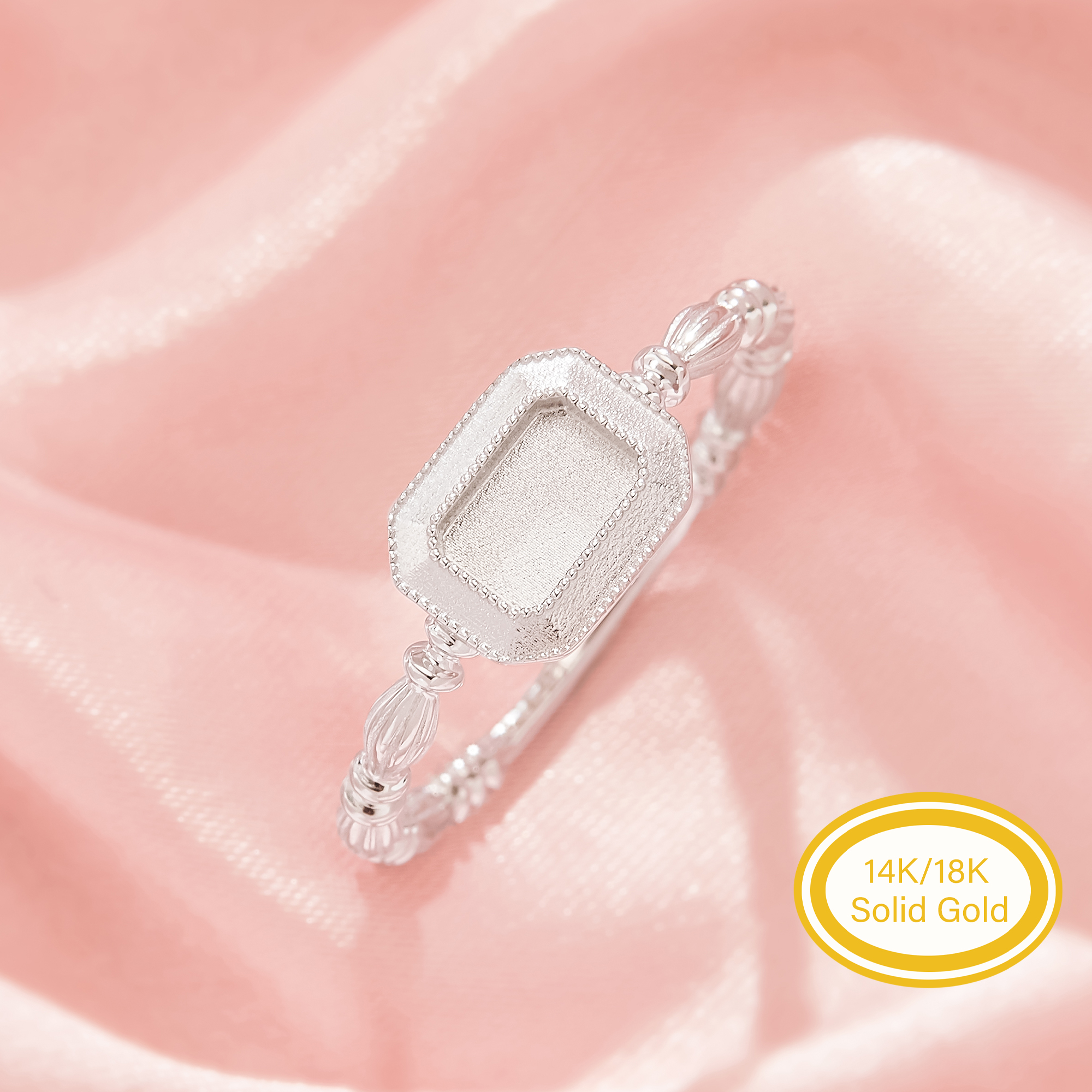 4x6MM Keepsake Mother Milk Resin Bezel Ring Settings,Rectangle Delicate Solid 14K 18K Gold Base, Classic Milgrain Edge Charming Jewelry 1295159