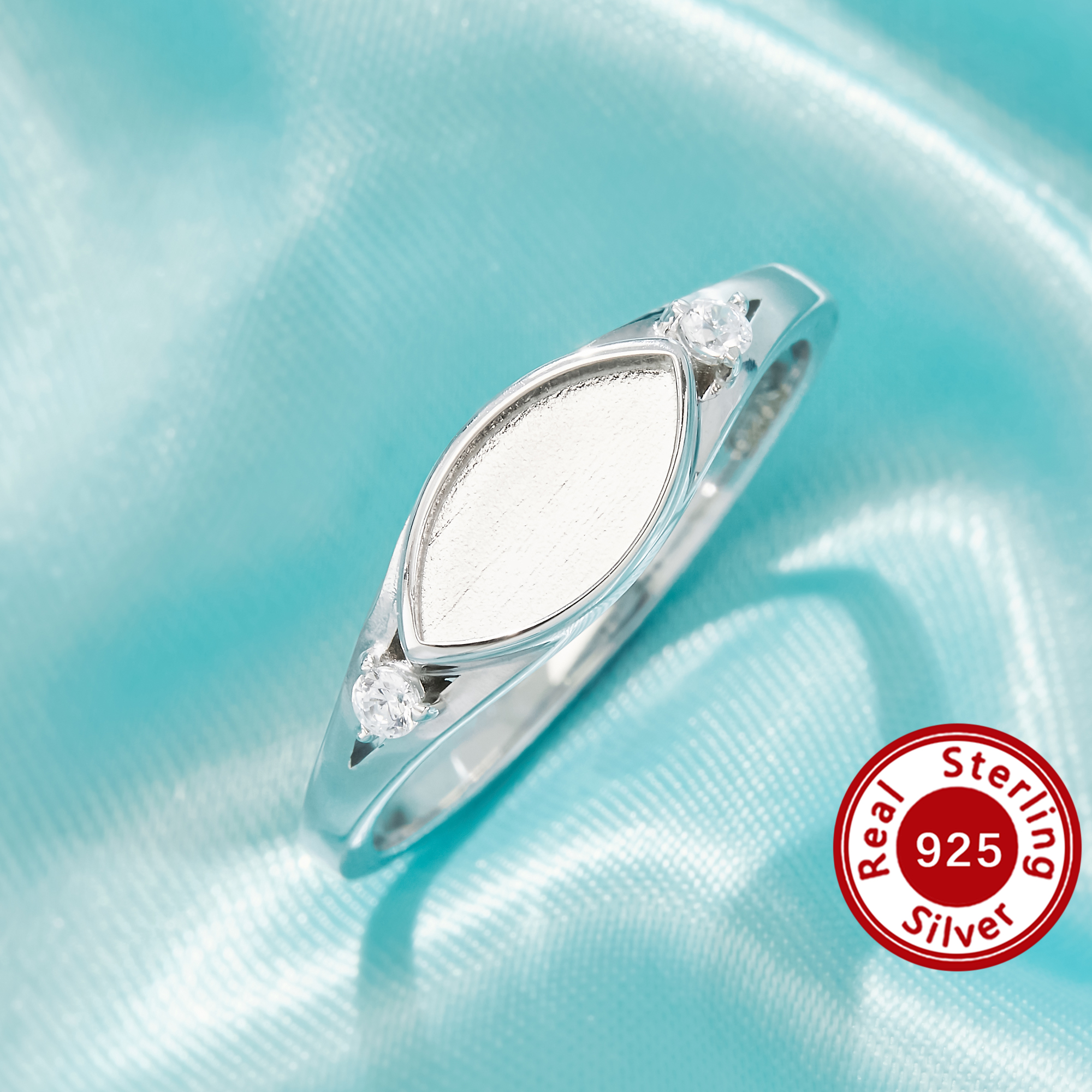 Keepsake Mother Milk Resin Bezel Ring Settings,Marquise Elegant Solid 925 Sterling Silver Ring, Gorgeous Two Sparkle Side Stones Jewelry 1295160-1