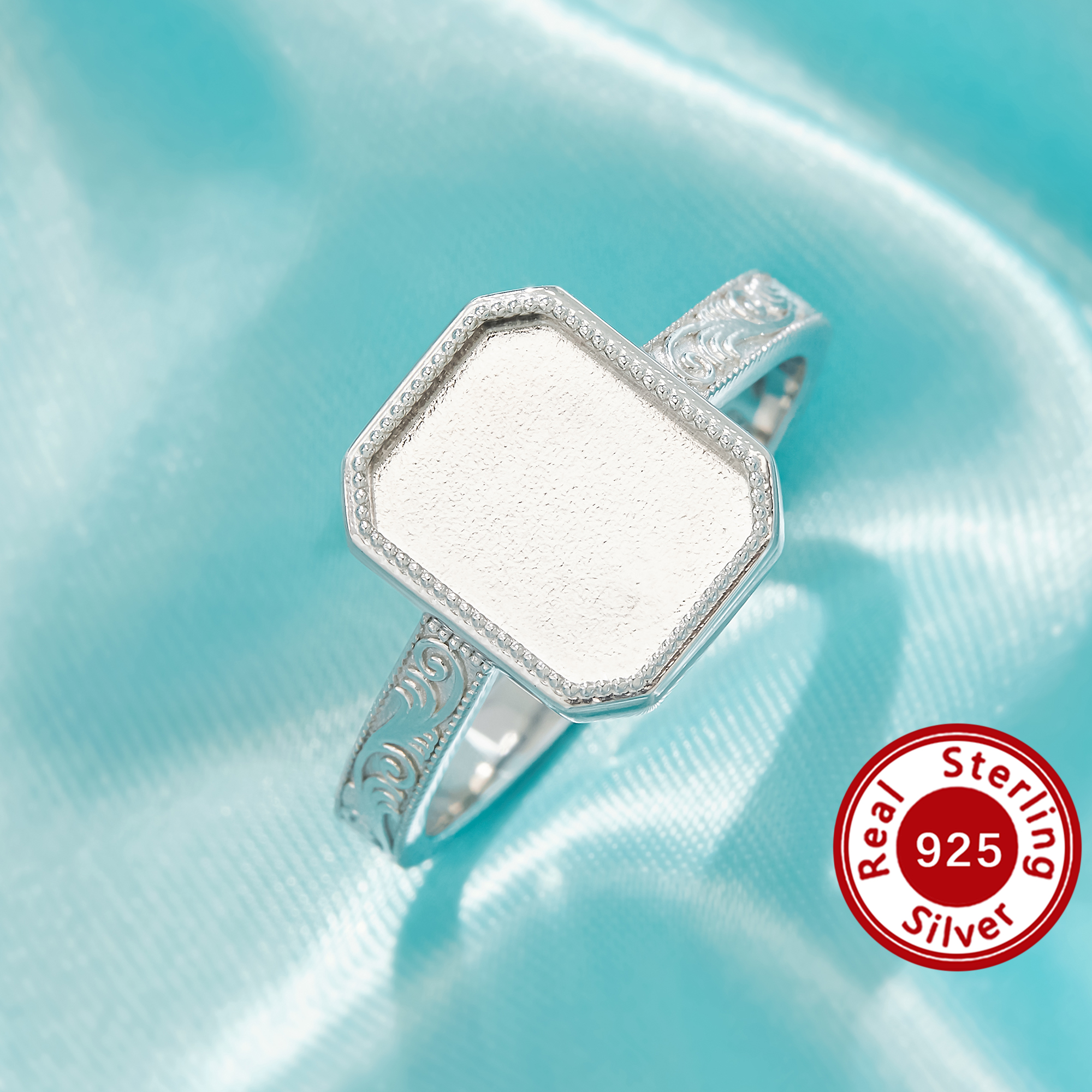 Keepsake Mother Milk Resin Bezel Ring Settings,Octagon Elegant Solid 925 Sterling Silver Ring, Engraved Carved Patterns Jewelry 1295163-1