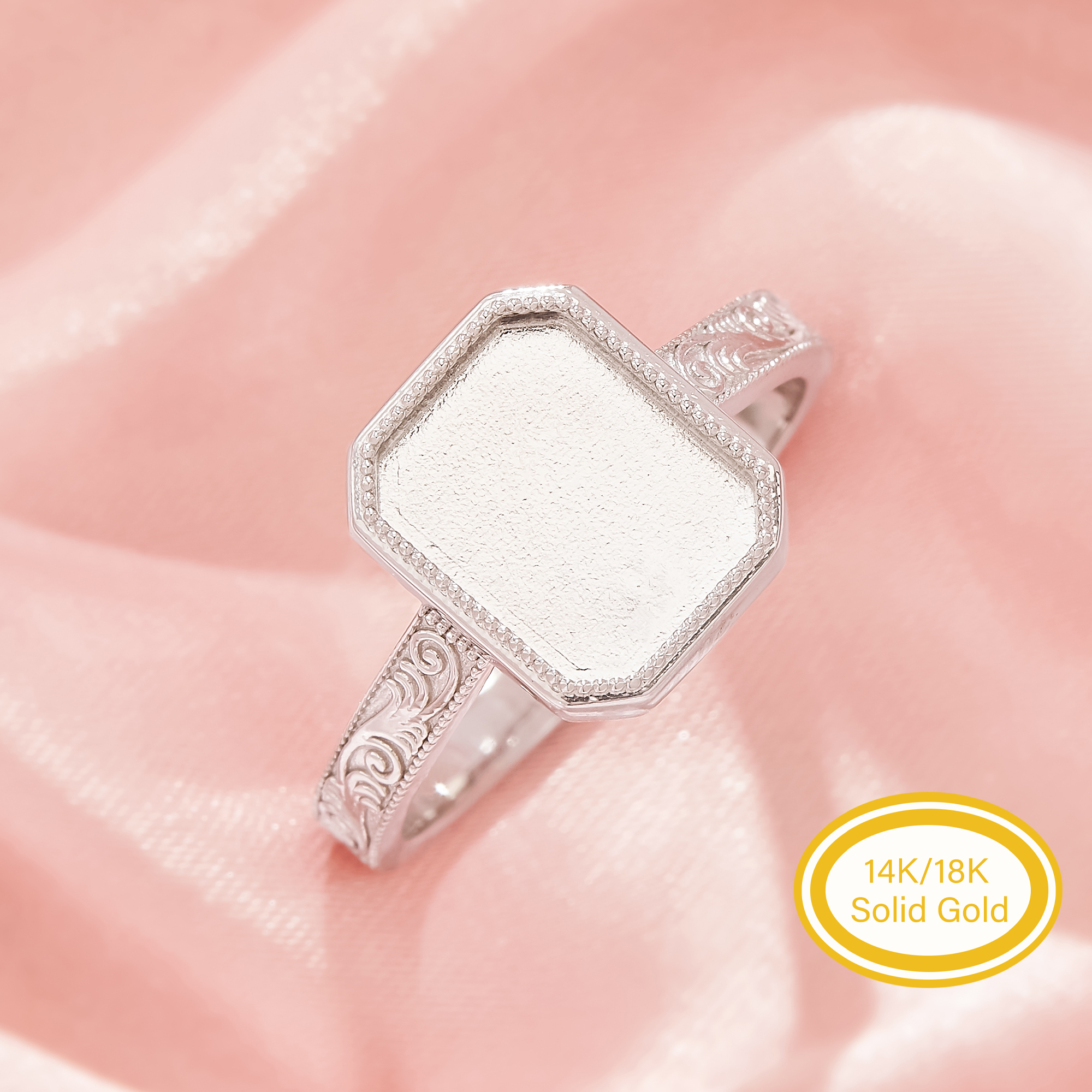 Keepsake Mother Milk Resin Bezel Ring Settings,Rectangle Elegant Solid 14K 18K Gold Ring, Retro Engraved Carved Patterns Jewelry 1295163