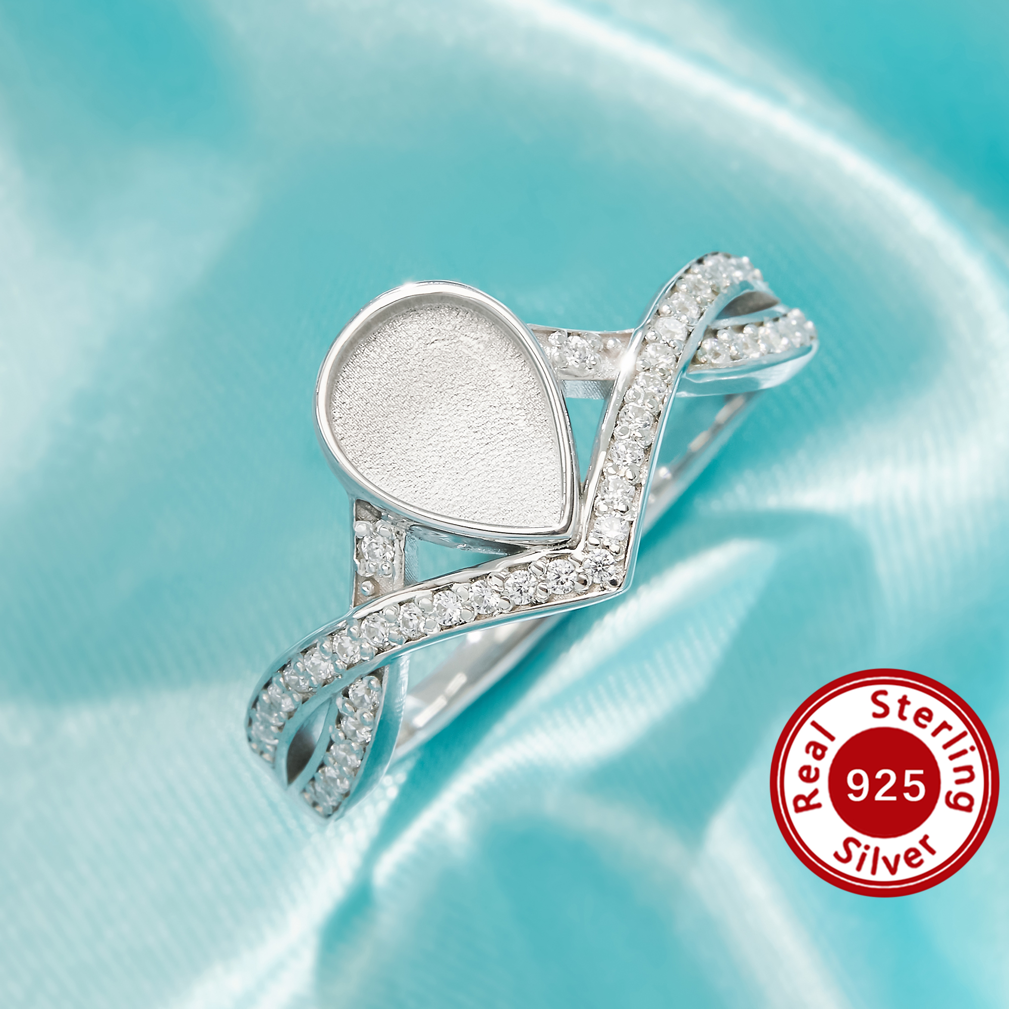 6x8MM Keepsake Mother Milk Resin Bezel Ring Settings,Teardrop Elegant Solid 925 Sterling Silver Ring, Sparkling Pave Twisted Jewelry 1295164-1