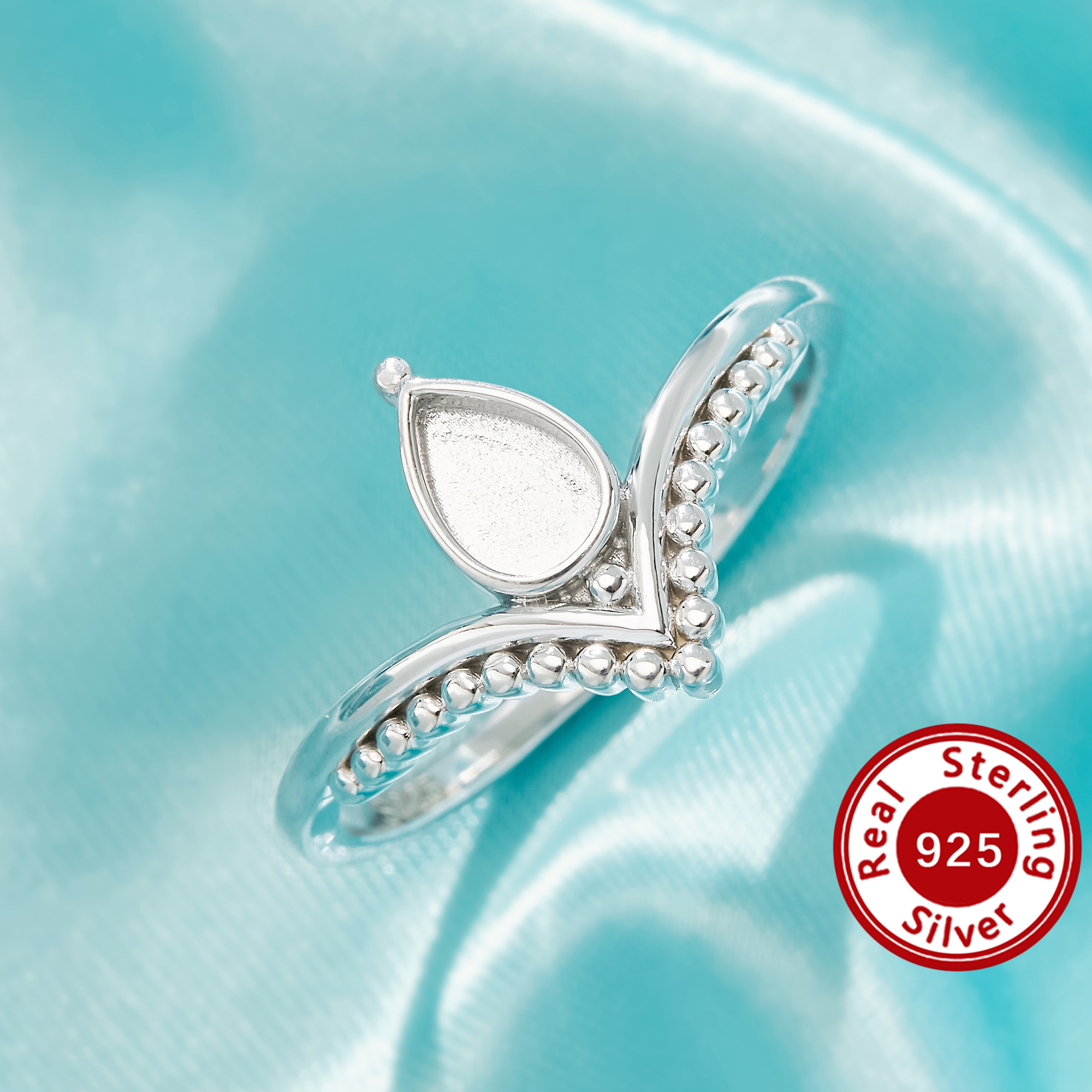 4x6MM Keepsake Mother Milk Resin Bezel Ring Settings,Teardrop Elegant Solid 925 Sterling Silver Ring,Beaded Curved Chic Jewelry 1295165-1