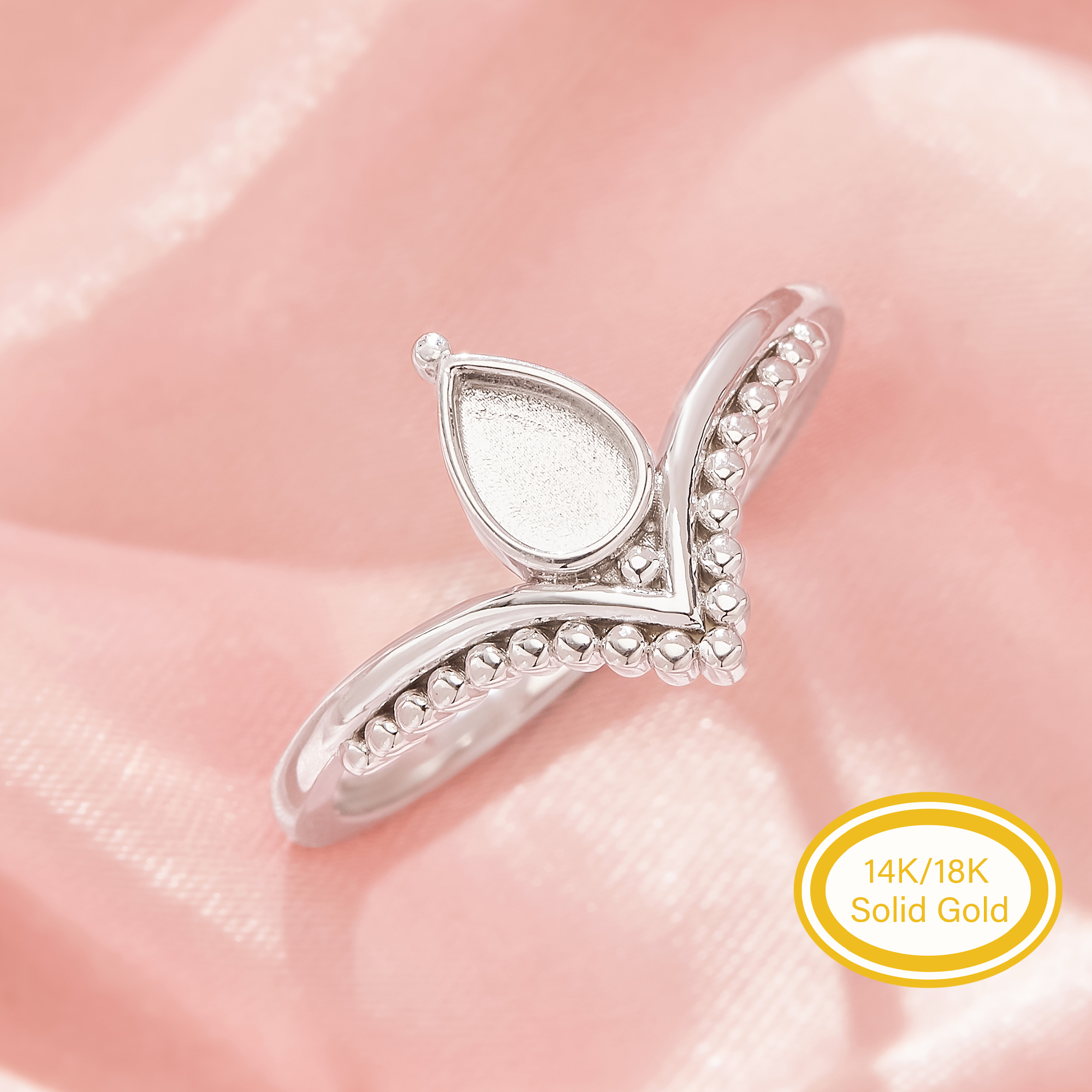 4x6MM Keepsake Mother Milk Resin Bezel Ring Settings,Teardrop Elegant Solid 14K 18K Gold Ring, Retro V Shaped Beaded Curved Chic Jewelry 1295165