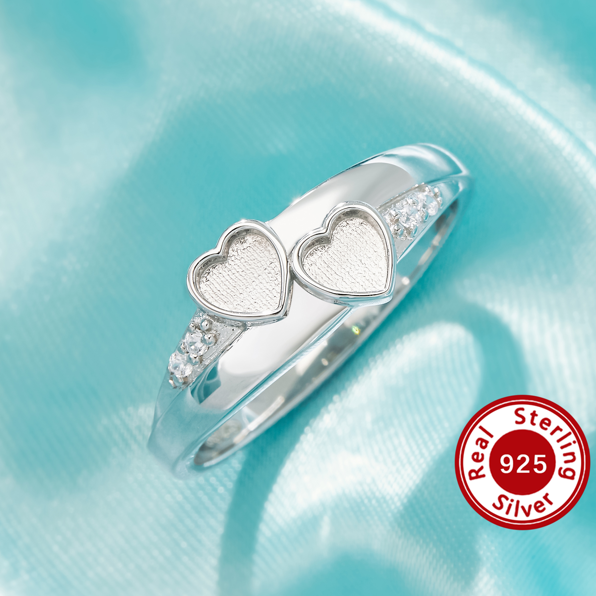 4MM Keepsake Mother Milk Resin Bezel Ring Settings,Heart Elegant Solid 925 Sterling Silver Ring, Twin Hearts Sparkling Stones Jewelry 1295166-1