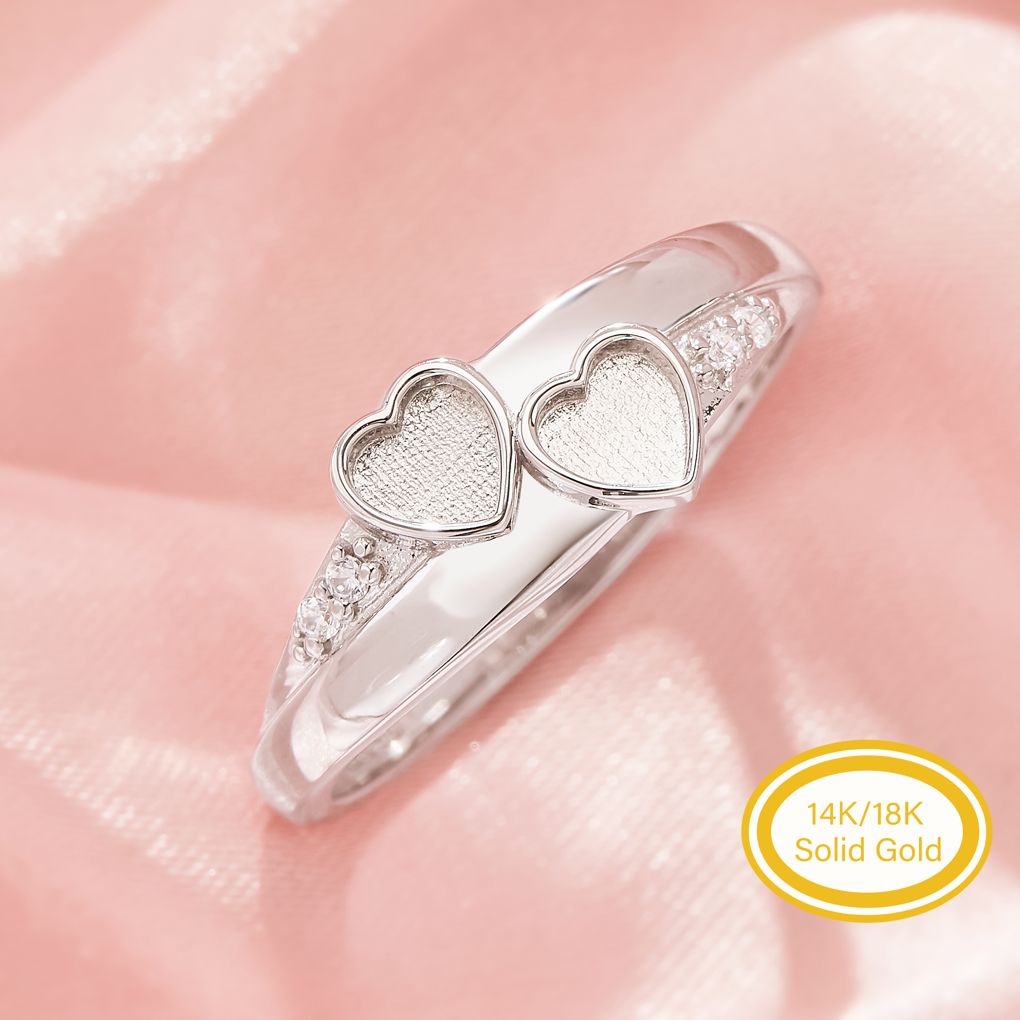 4MM Keepsake Mother Milk Resin Bezel Ring Settings,Heart Elegant Solid 14K 18K Gold Ring, Gorgeous Twin Hearts Sparkling Stones Jewelry 1295166