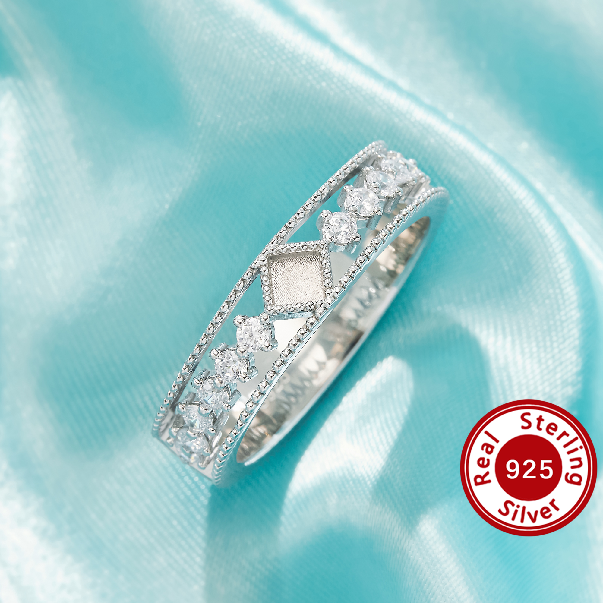 3x5.6MM Keepsake Mother Milk Resin Bezel Ring Settings,Rhombus Elegant Solid 925 Sterling Silver Ring, Wide Pave Sparkling Stones 1295167-1