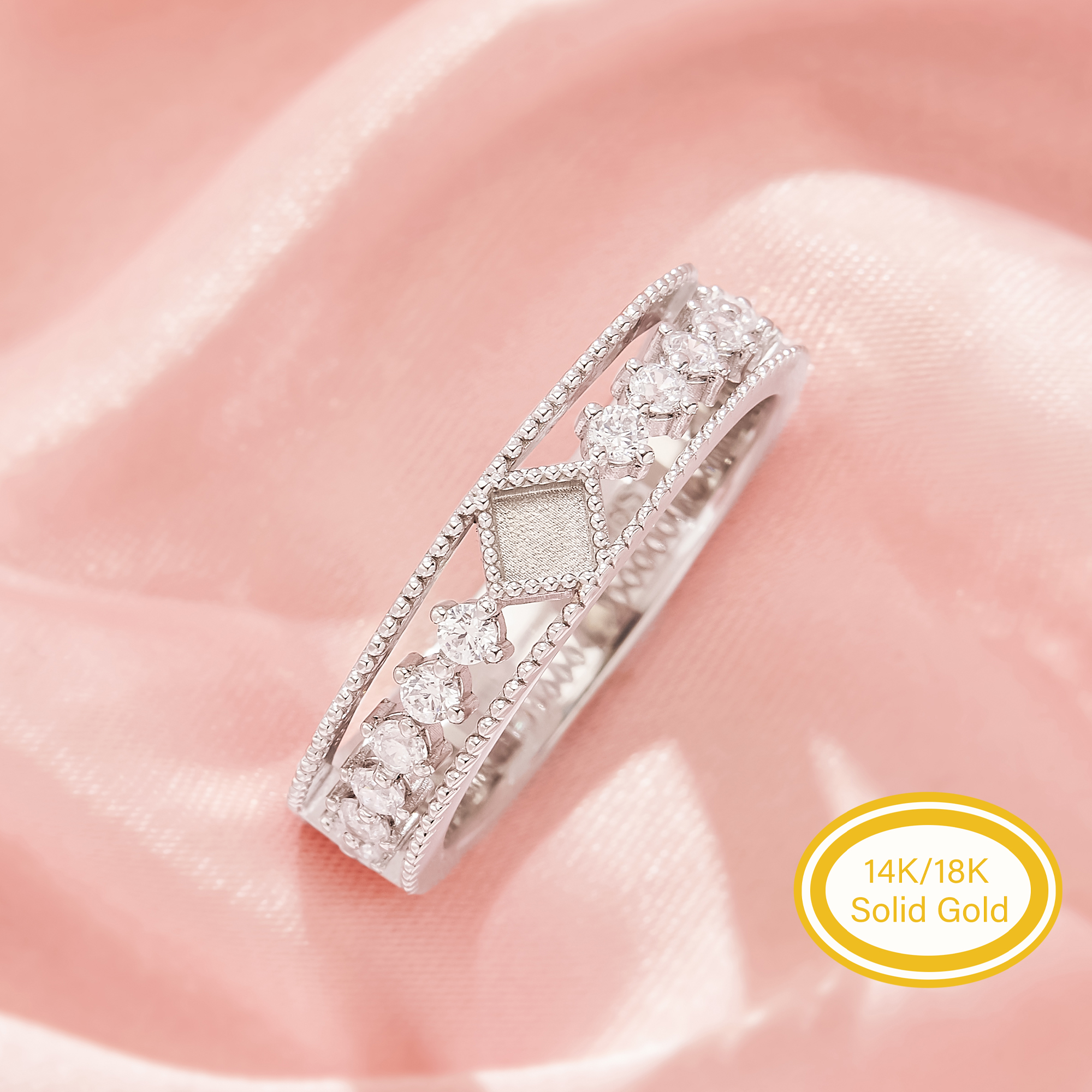 3MM Birthstone Keepsake Mother Milk Resin Bezel Ring Settings,Rhombus Elegant Solid 14K 18K Gold Ring, Gorgeous Wide Pave Sparkling Stones 1295167