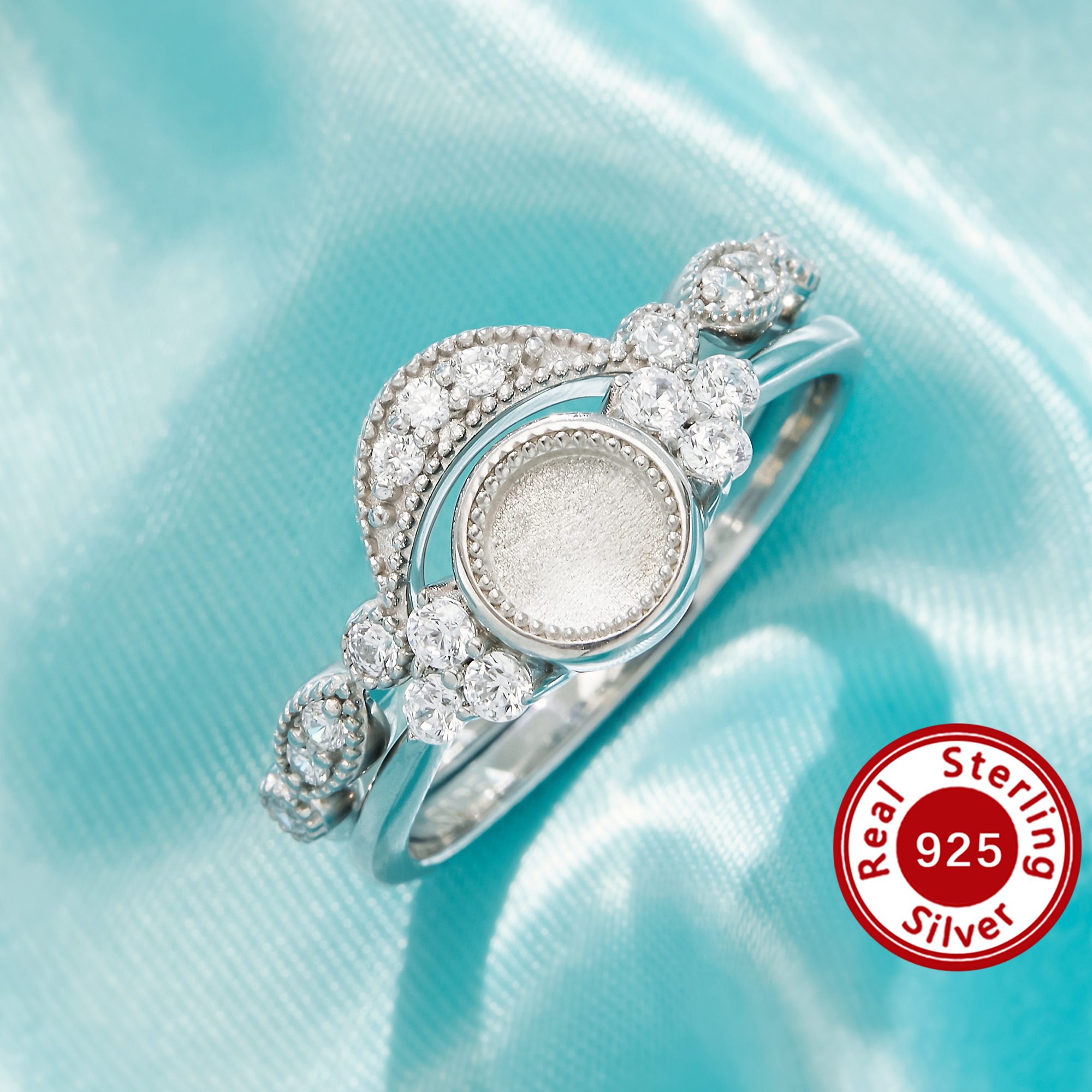 5MM Keepsake Mother Milk Resin Bezel Ring Settings,Round Elegant Solid 925 Sterling Silver Ring, Two Pieces Stackable Cluster Jewelry 1295169-1