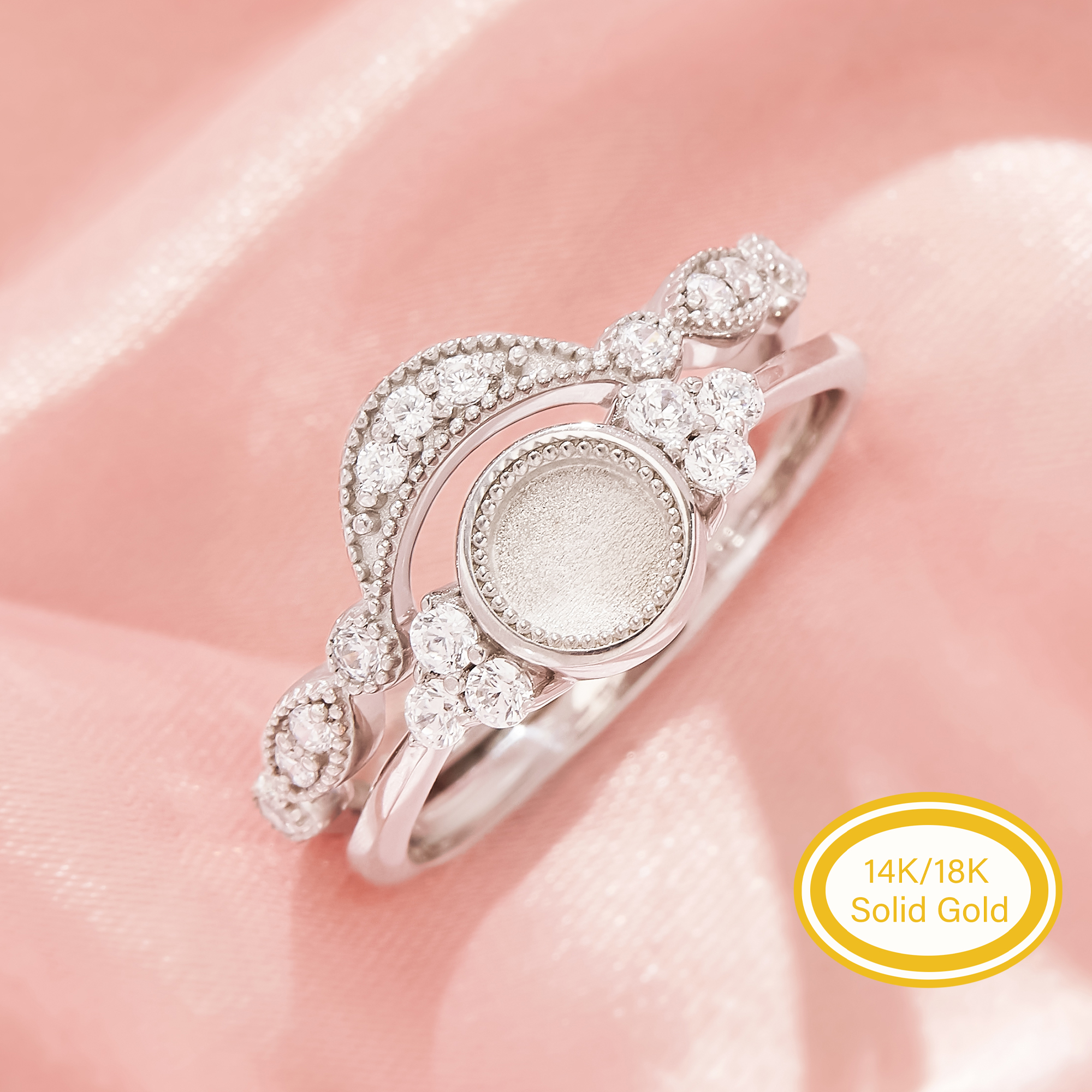 5MM Keepsake Mother Milk Resin Bezel Ring Settings,Stackable Round Elegant Solid 14K 18K Gold Ring Stacker, Beautiful Two Pieces Stackable Cluster Jewelry 1295169