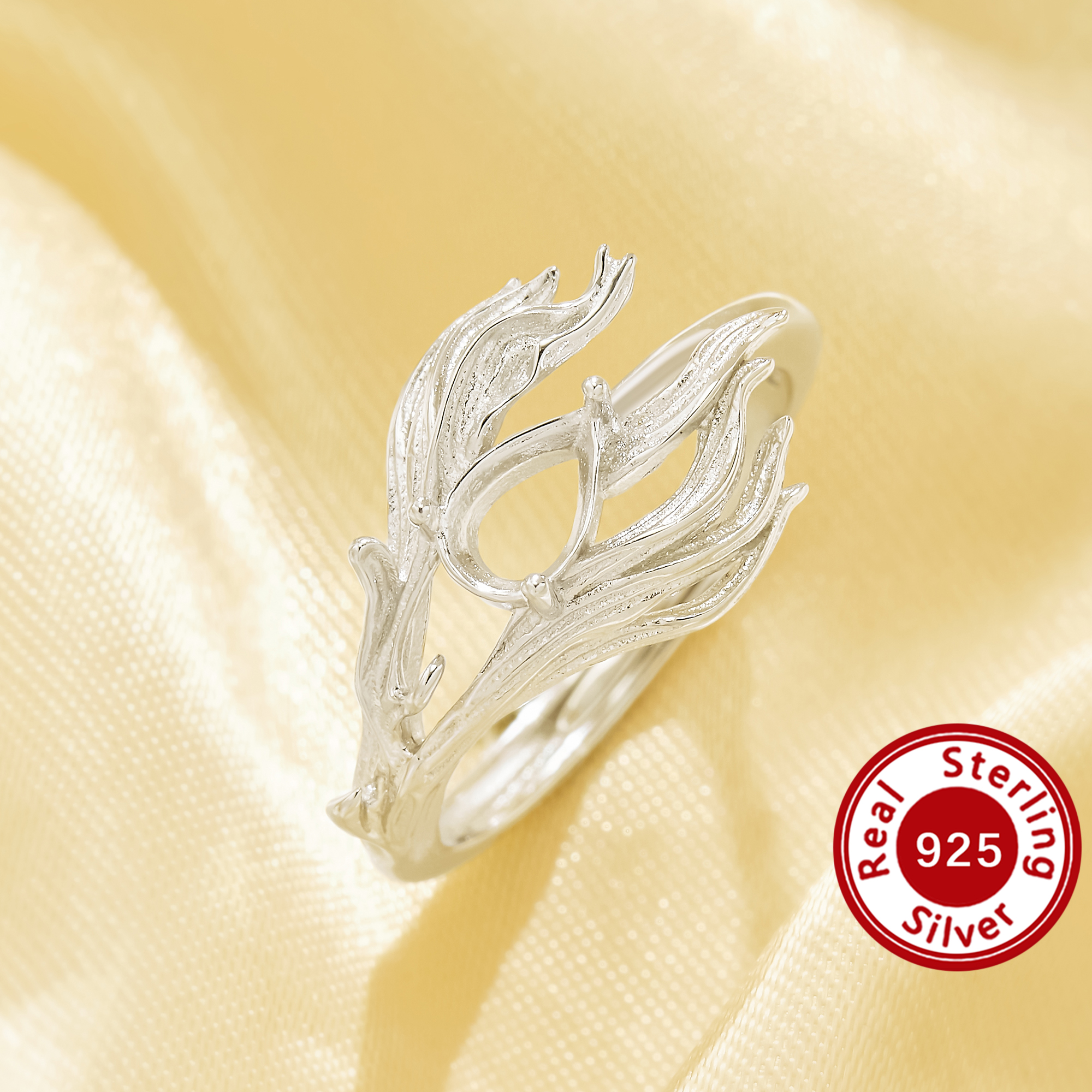 4x6MM Pear Prongs Ring Settings,Exquisite seaweed Solid 925 Sterling Silver Ring,Vintage Style Ring,DIY Adjustable Ring Base 1295178