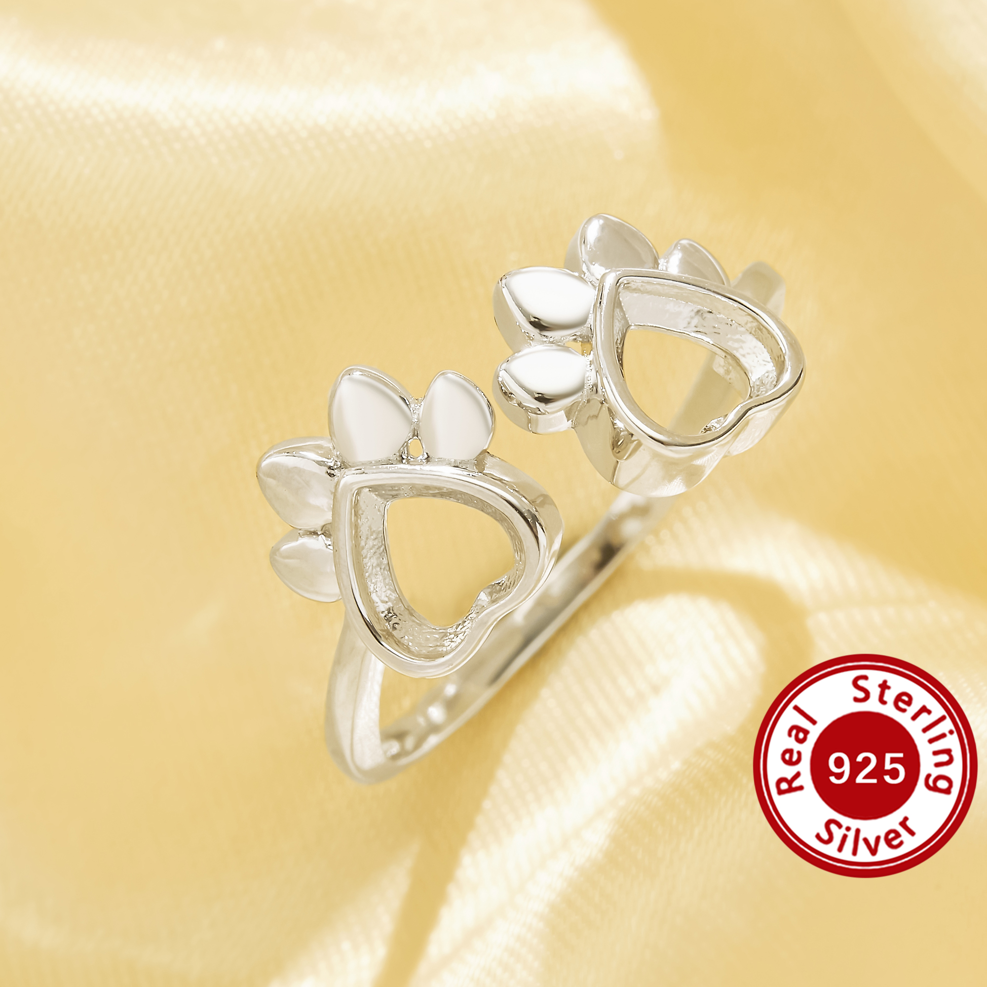 5MM Heart Bezel Ring Settings,Cute Cat Paw Solid 925 Sterling Silver Ring,Vintage Style Open Ring,DIY Adjustable Ring Supplies 1295180