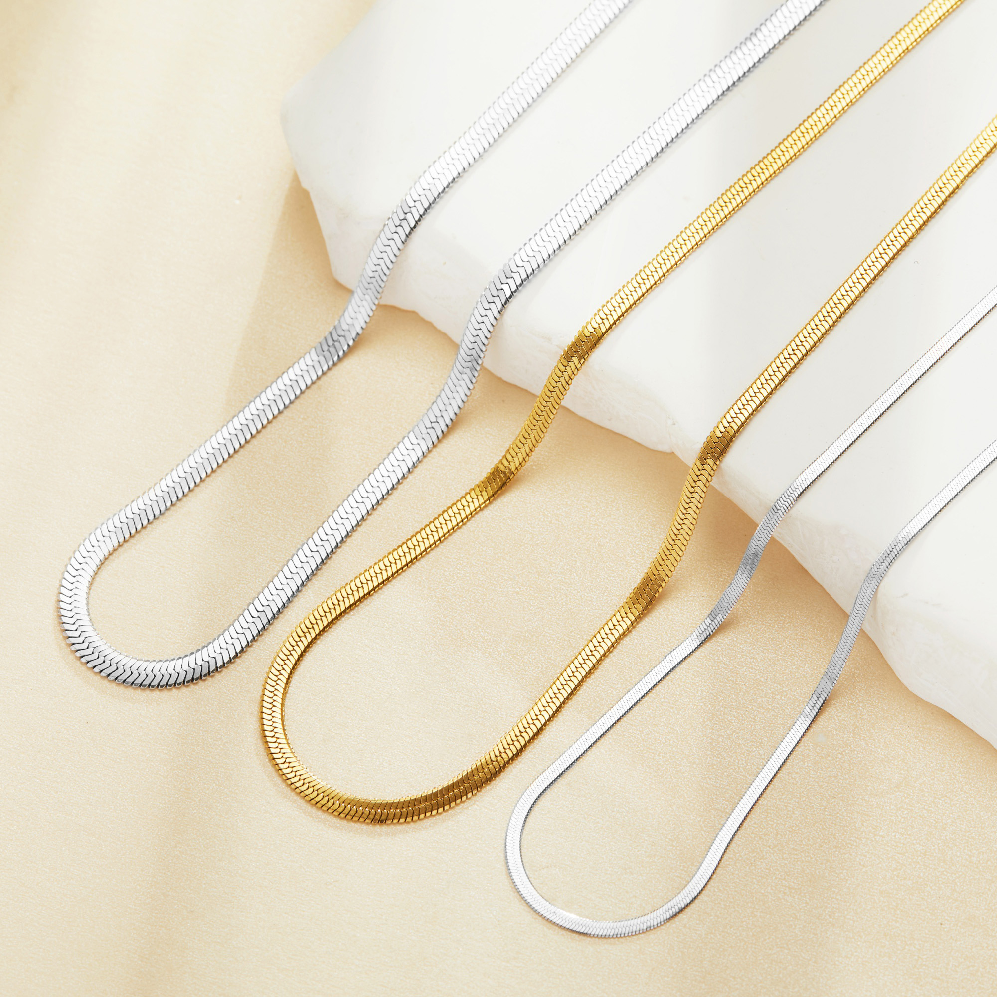 Herringbone Choker Necklace,Flat Snake Layering Necklace,Stainless Steel Gold Plated Necklace Chain,DIY Necklace Supplies 1320054